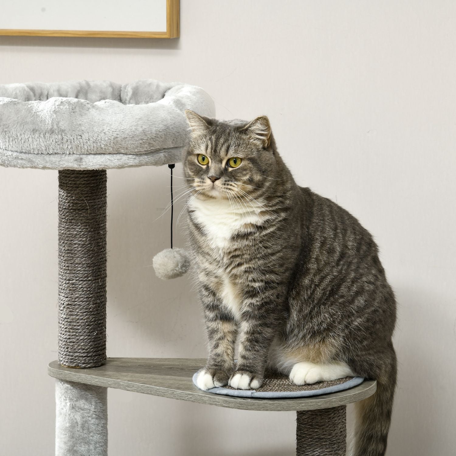 Kattskrapstolpe, 4 våningar, sisal, med leksak och säng