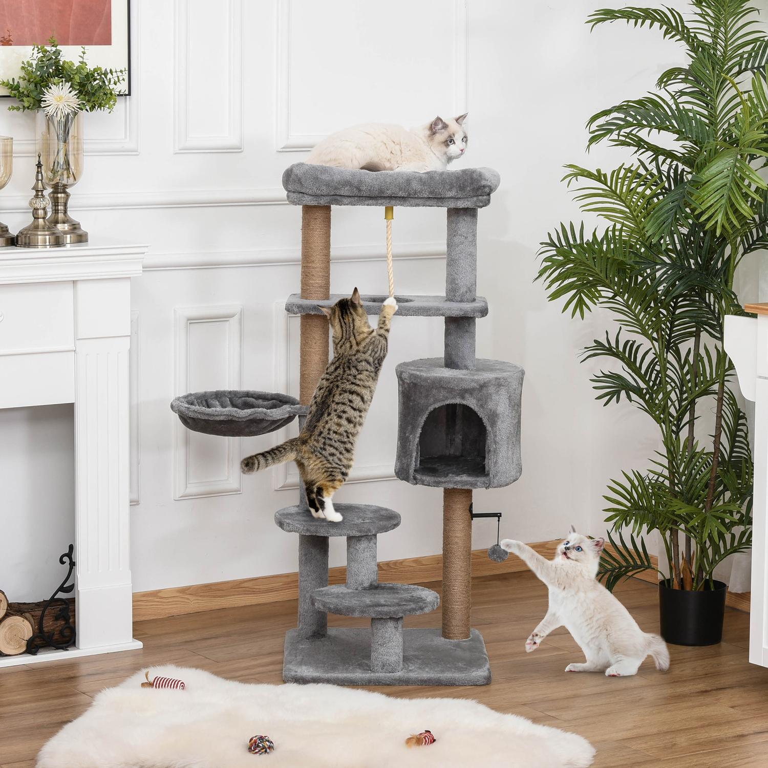 Kattskrapstolpe med grotta och korg, rymmer upp till 5 kg
