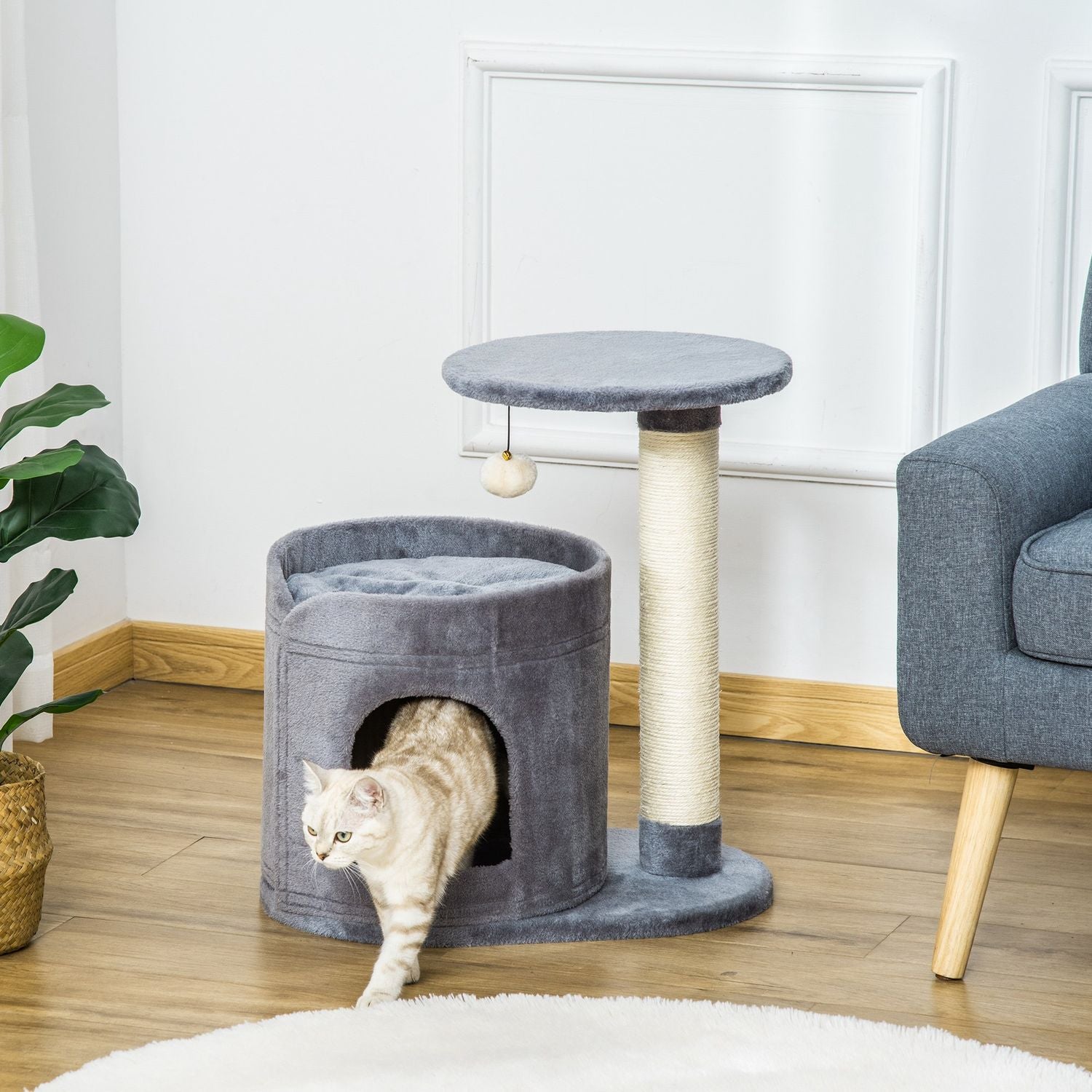 Kattskrapstolpe med grotta och leksaksboll, sisalrep, grå