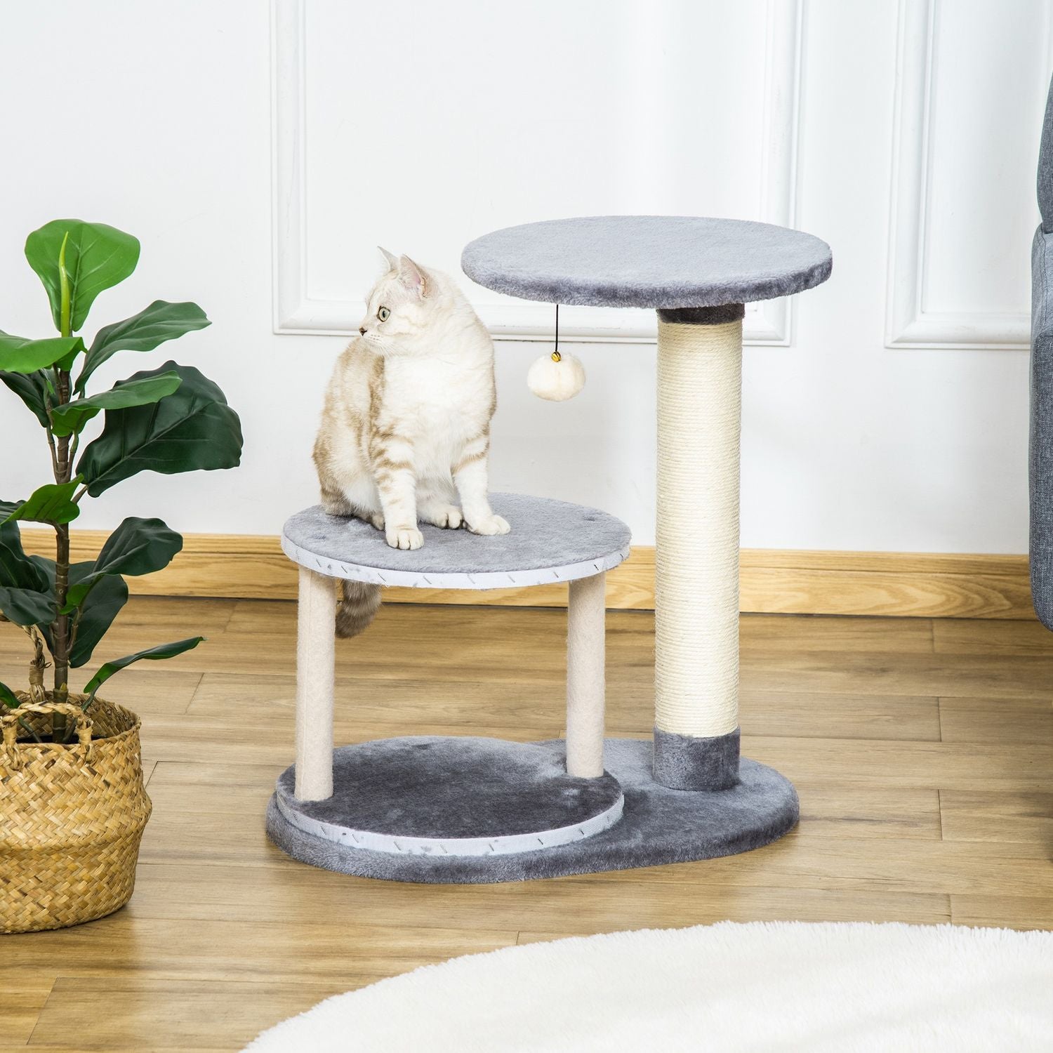 Kattskrapstolpe med grotta och leksaksboll, sisalrep, grå