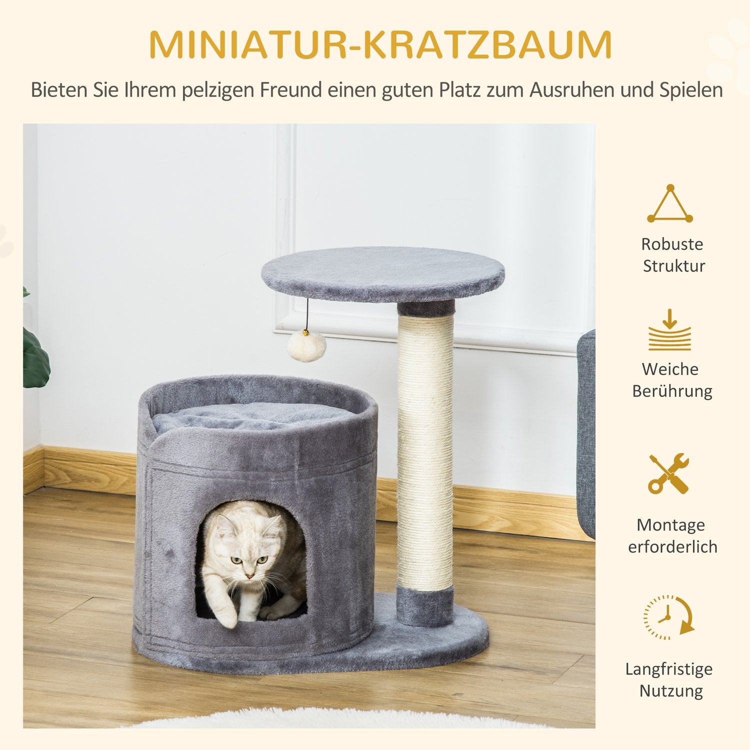 Kattskrapstolpe med grotta och leksaksboll, sisalrep, grå