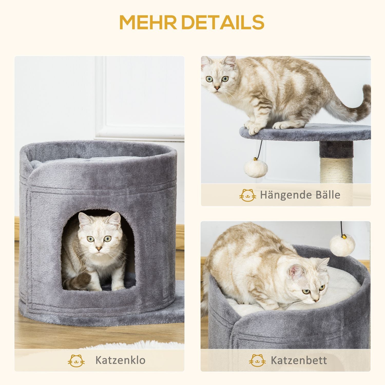Kattskrapstolpe med grotta och leksaksboll, sisalrep, grå