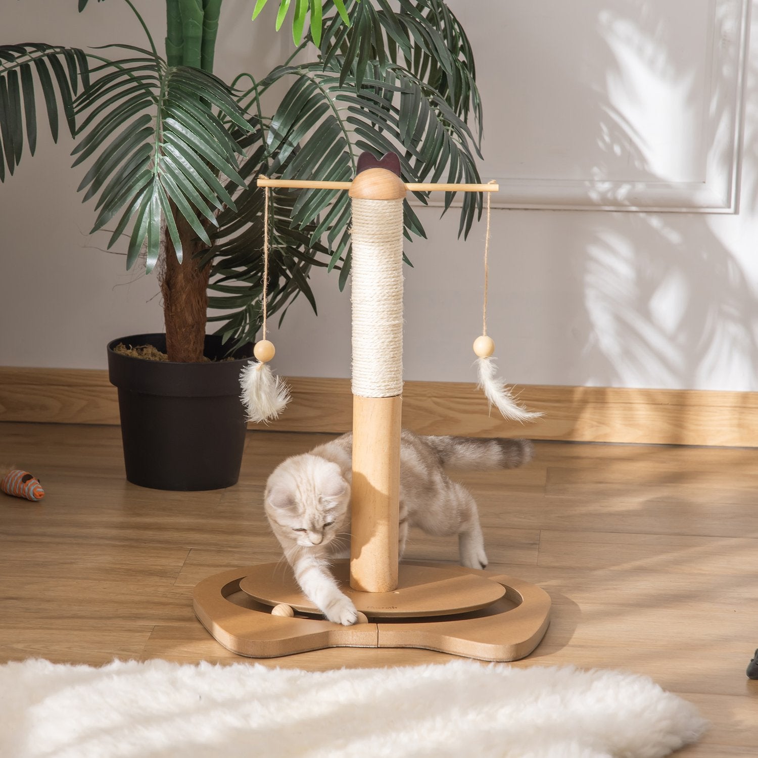 Kattskrapstolpe med leksakskula & fjäder, MDF & Sisal, 51 cm