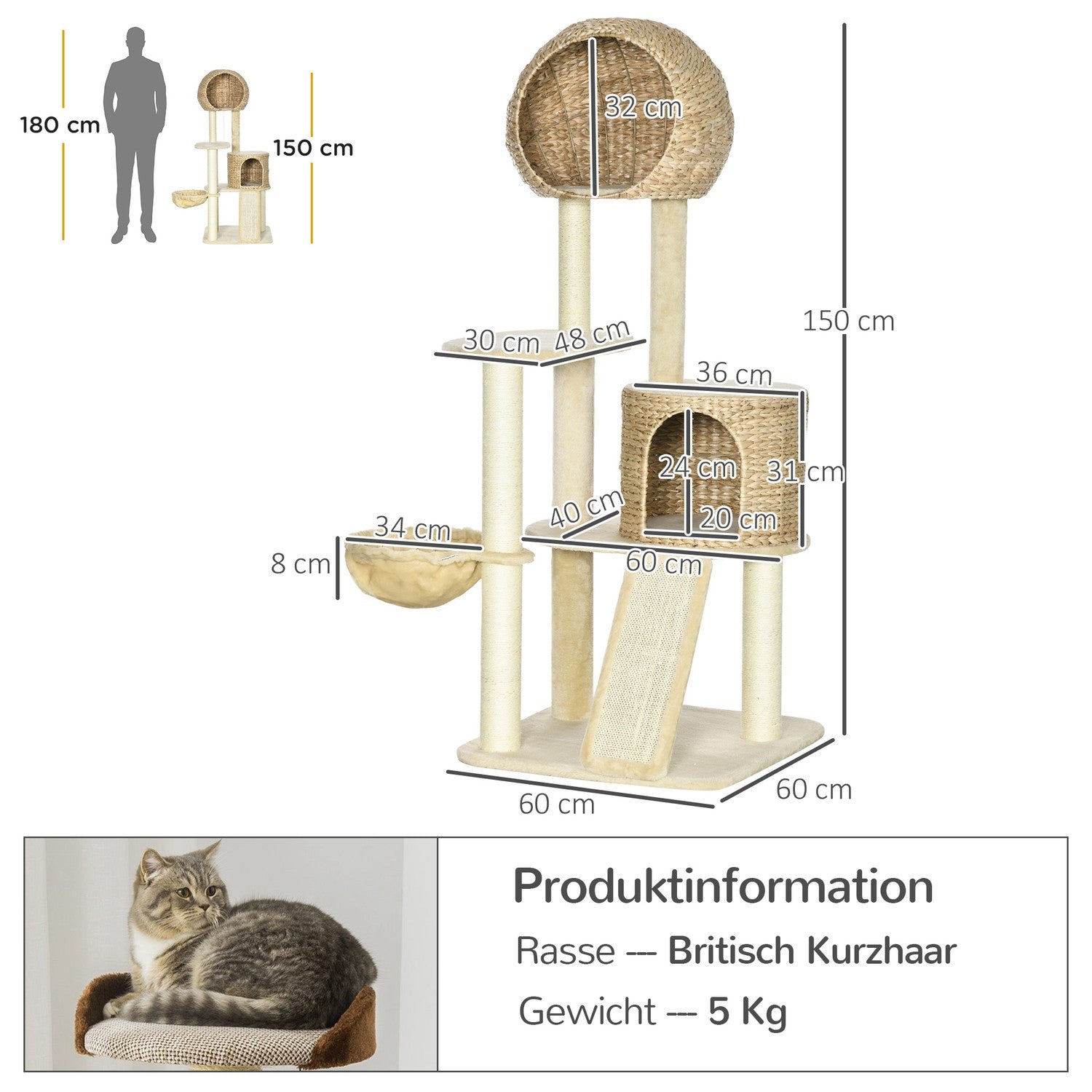 Kattskrapstolpe med rottinghus och hängmatta, beige