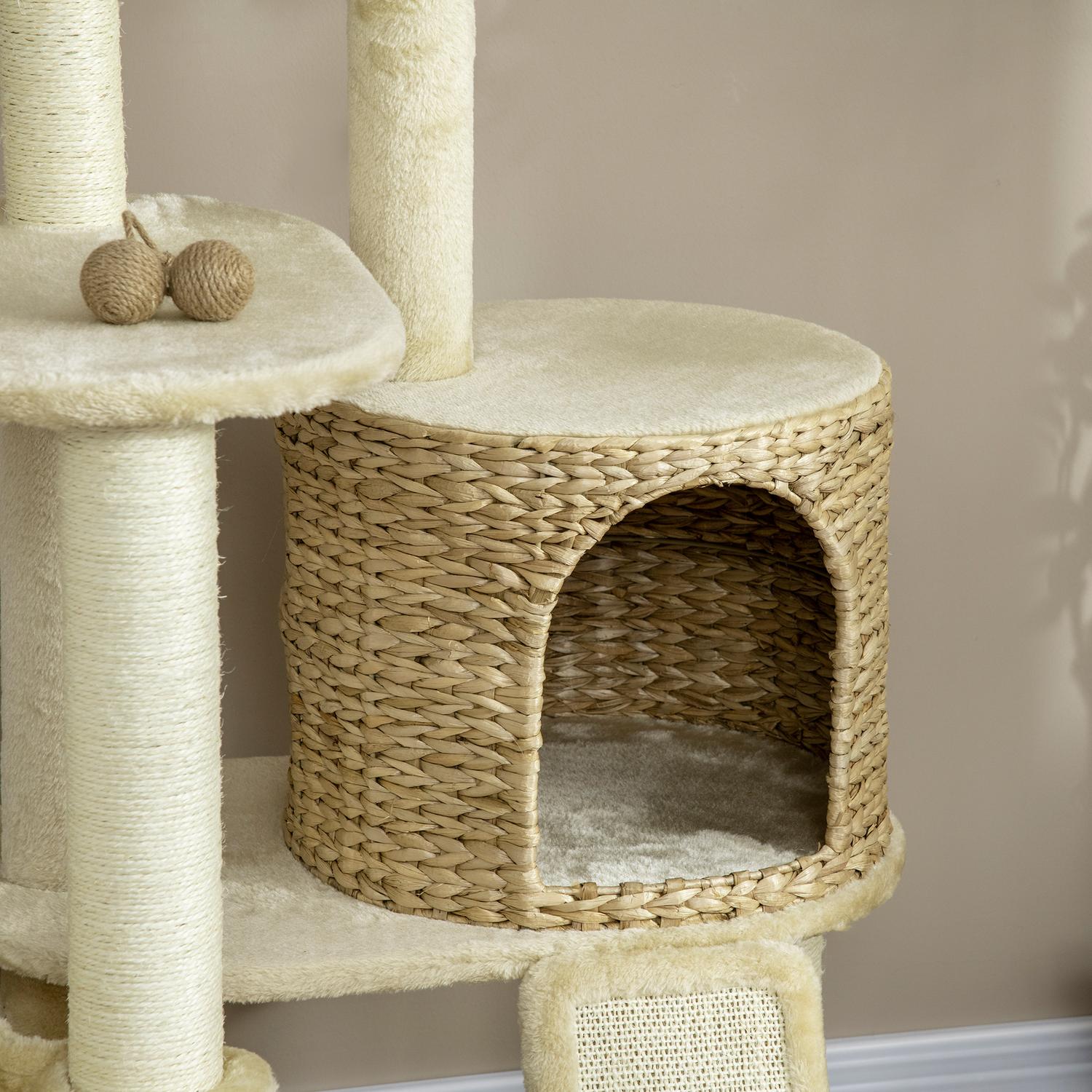 Kattskrapstolpe med rottinghus och hängmatta, beige