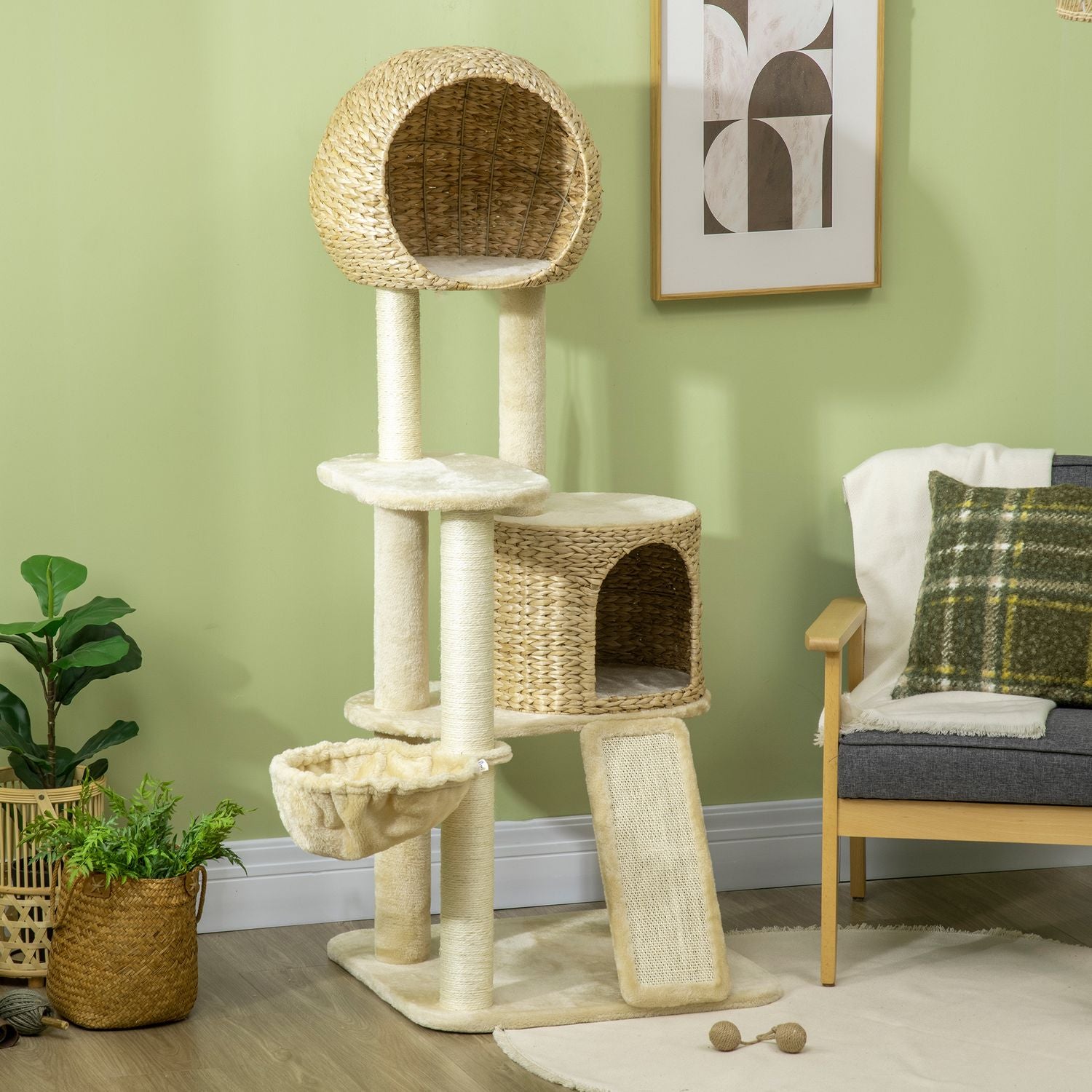 Kattskrapstolpe med rottinghus och hängmatta, beige