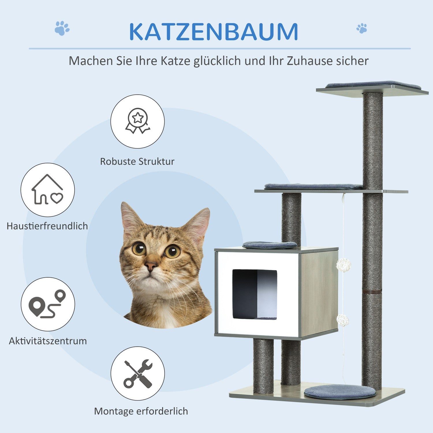 Kattskrapstolpe med sisal och leksaksboll, grå, stor