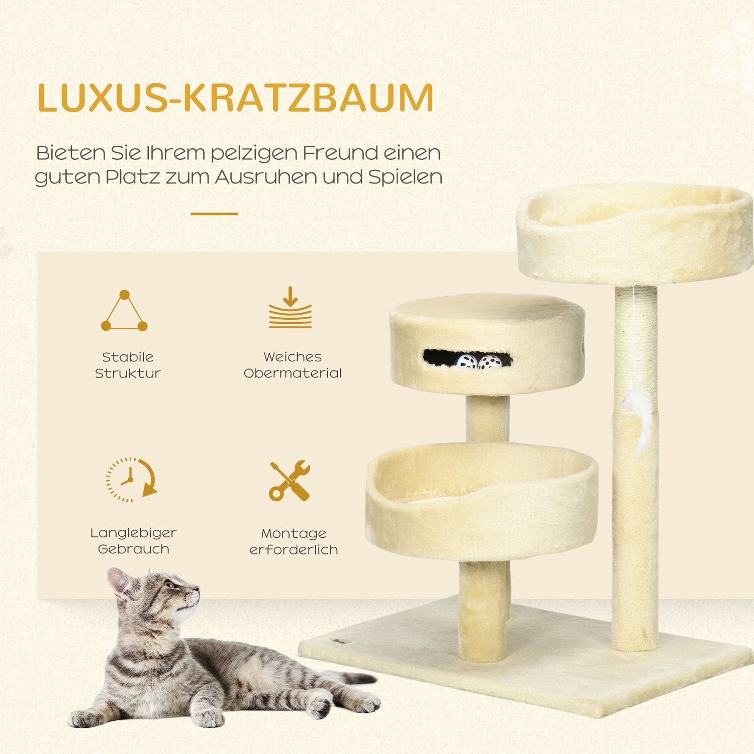 Kattskrapstolpe med säng och leksaker, 70 cm Beige