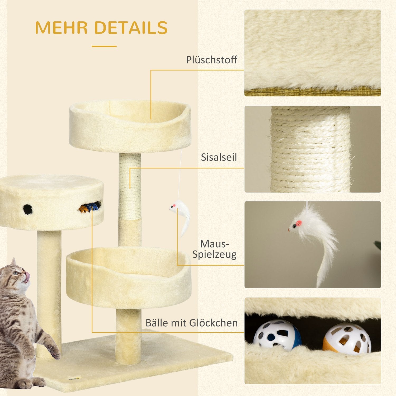 Kattskrapstolpe med säng och leksaker, 70 cm Beige