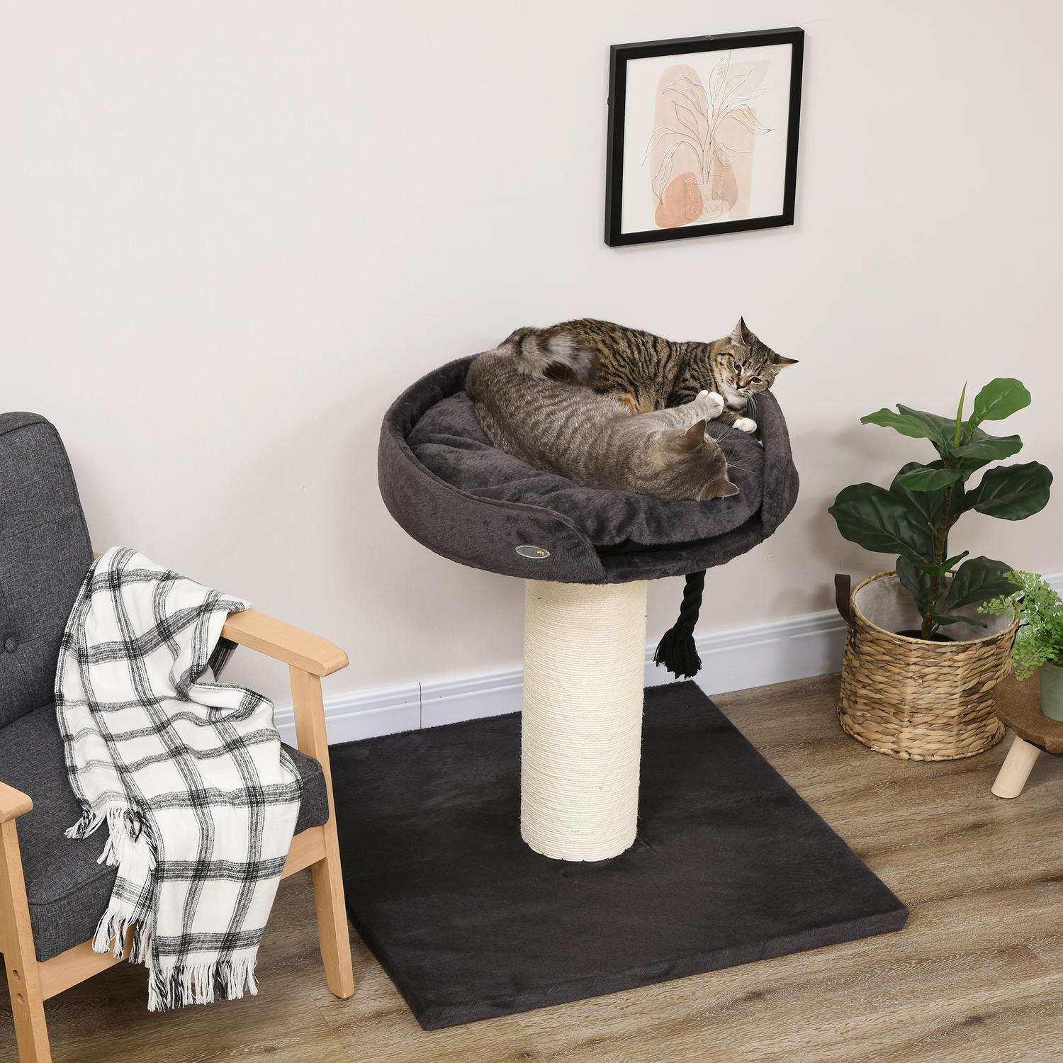 Kattskrapstolpe med säng och sisal, 78 cm, grå