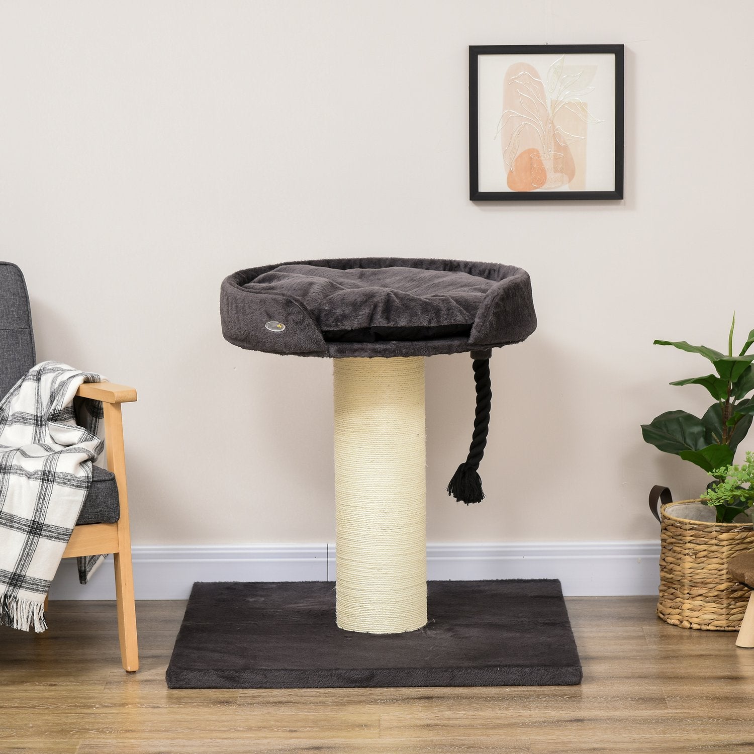 Kattskrapstolpe med säng och sisal, 78 cm, grå
