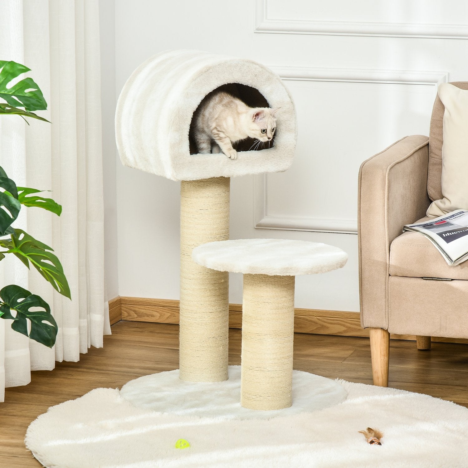Kattskrapträd med sisalstolpar och lekboll, 93 cm