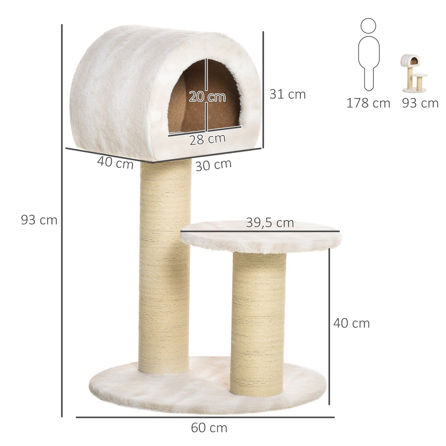 Kattskrapträd med sisalstolpar och lekboll, 93 cm