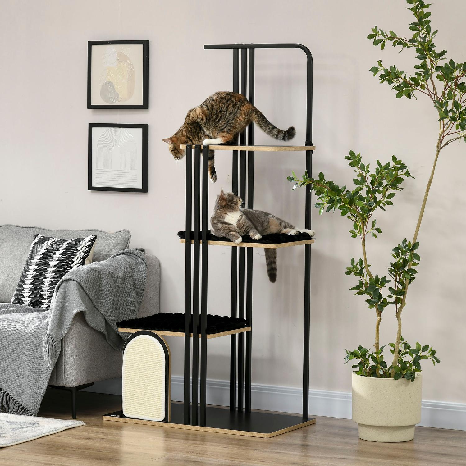 Kattträd 170cm, stort svart stål med kuddar & plattformar