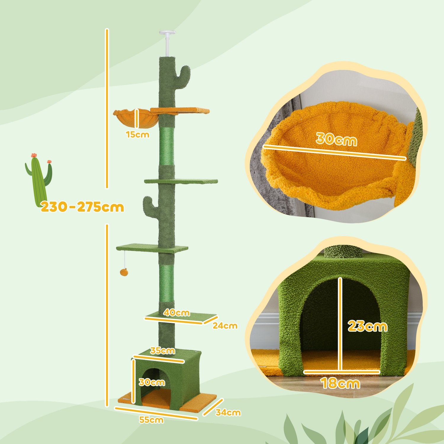 Kattträd 230-275 cm med grotta och lekboll – Grön
