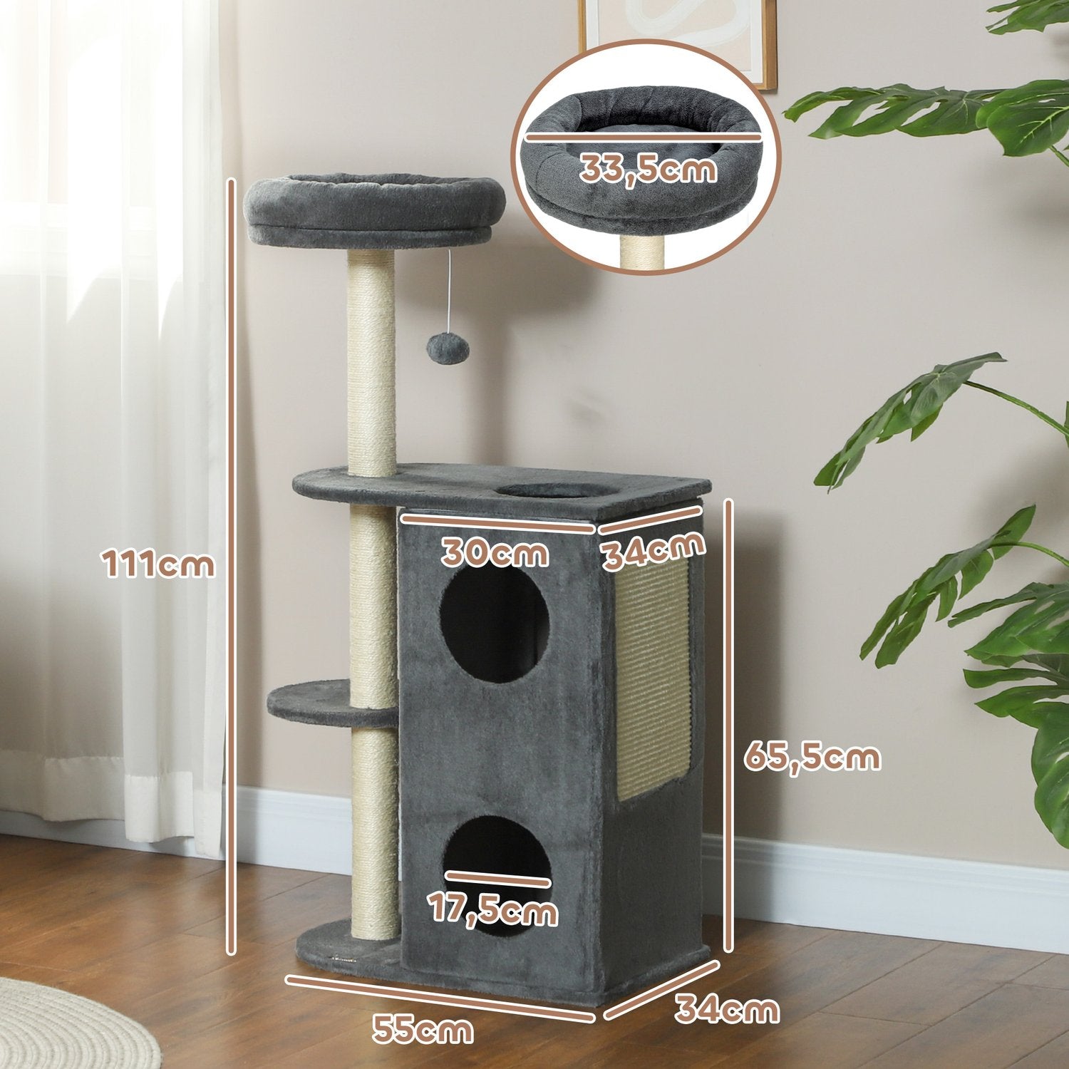 Kočičí strom s pelíškem, škrabadlem a míčkem – 111 cm, šedý, pro kočky do 5 kg