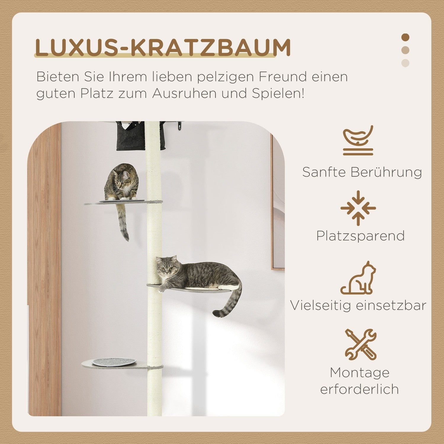 Kattträd med hängmatta, plattformar och skrapstolpe, 185 cm - grå/kräm