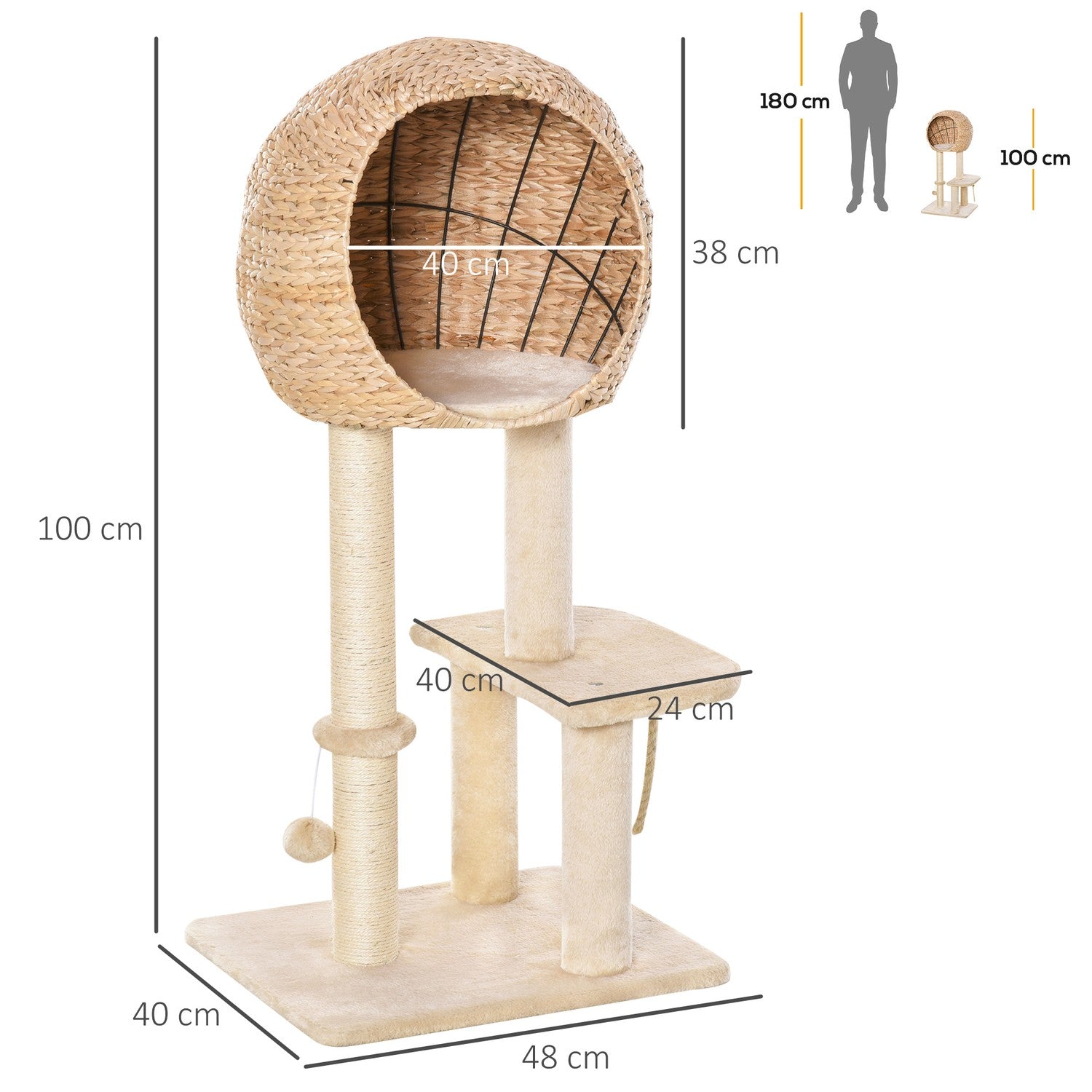 Kattträd med skrapstolpe och grotta, beige, 100 cm hög
