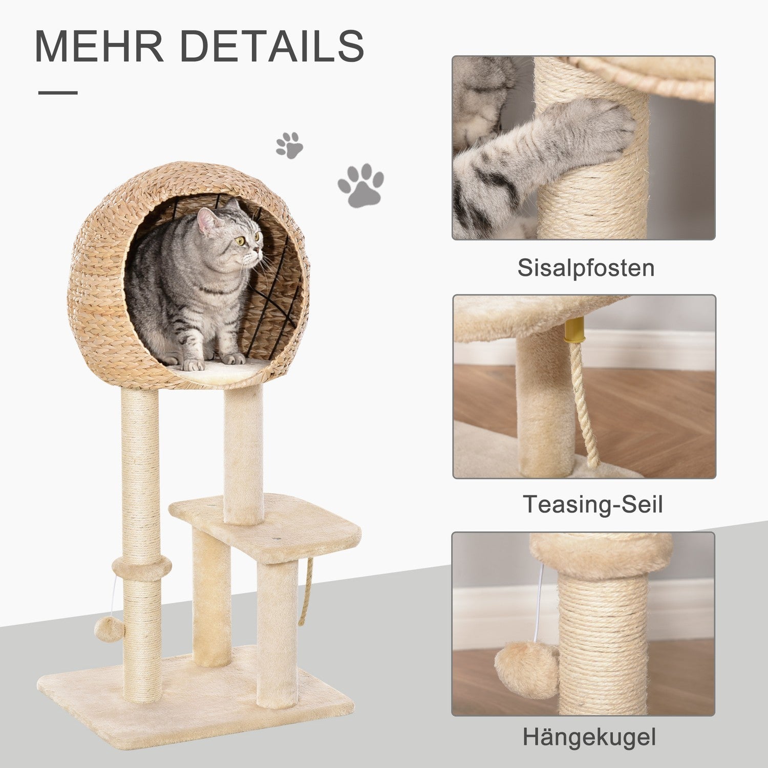 Kattträd med skrapstolpe och grotta, beige, 100 cm hög