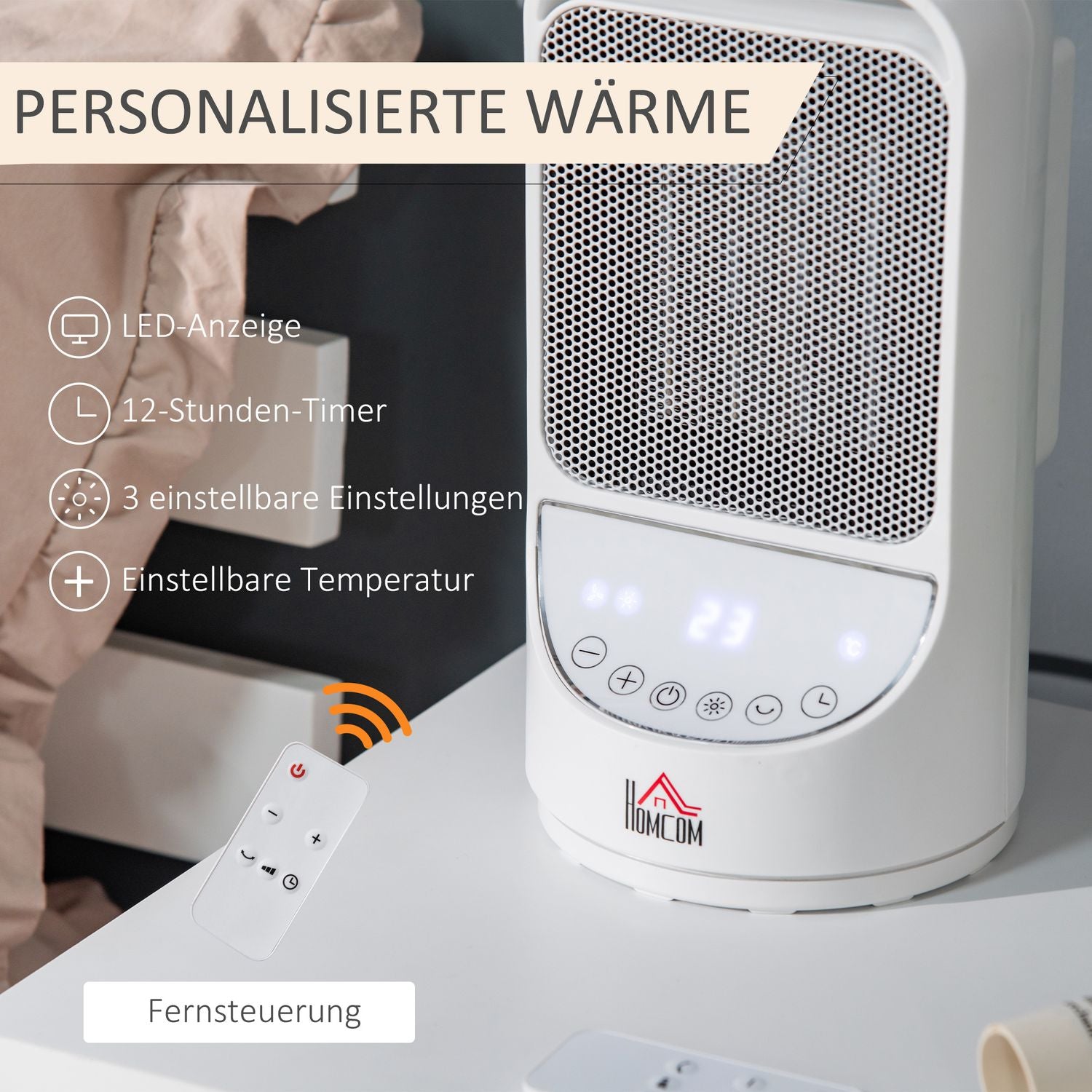 Keramisk elvärmare, 750/1500W, 3 nivåer, timer, oscillerande