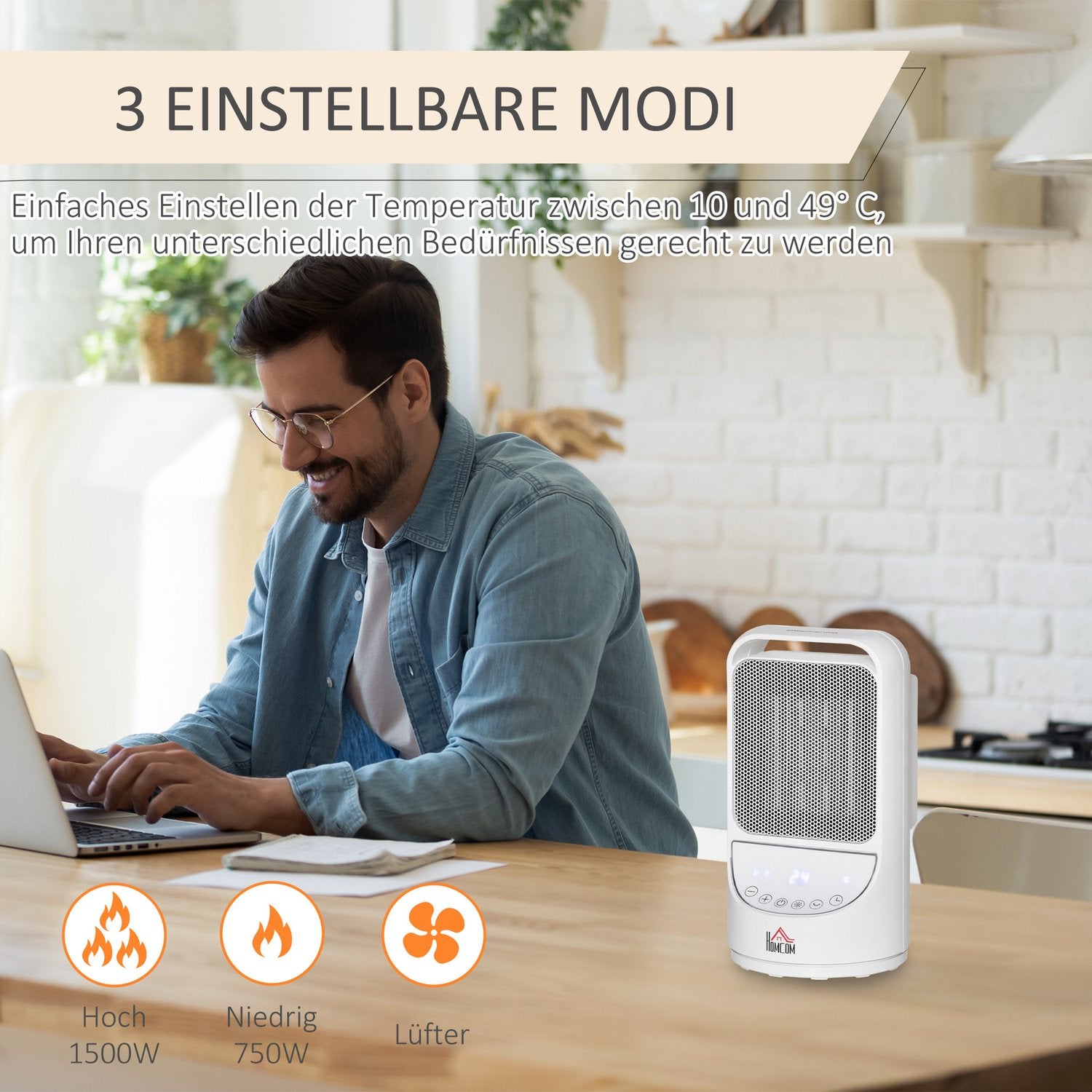 Keramisk elvärmare, 750/1500W, 3 nivåer, timer, oscillerande