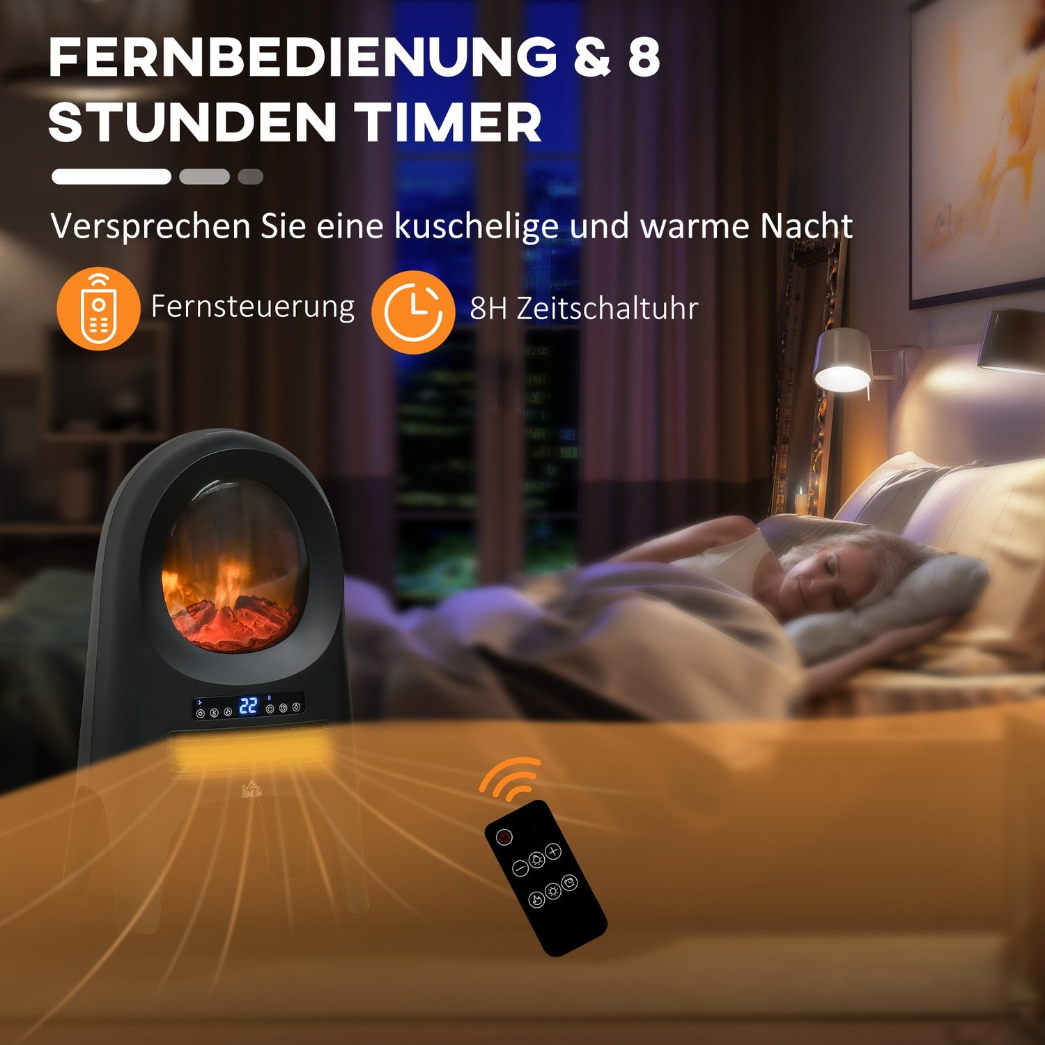 Keramisk värmefläkt, 2000W, LED Flames & Timer Remote