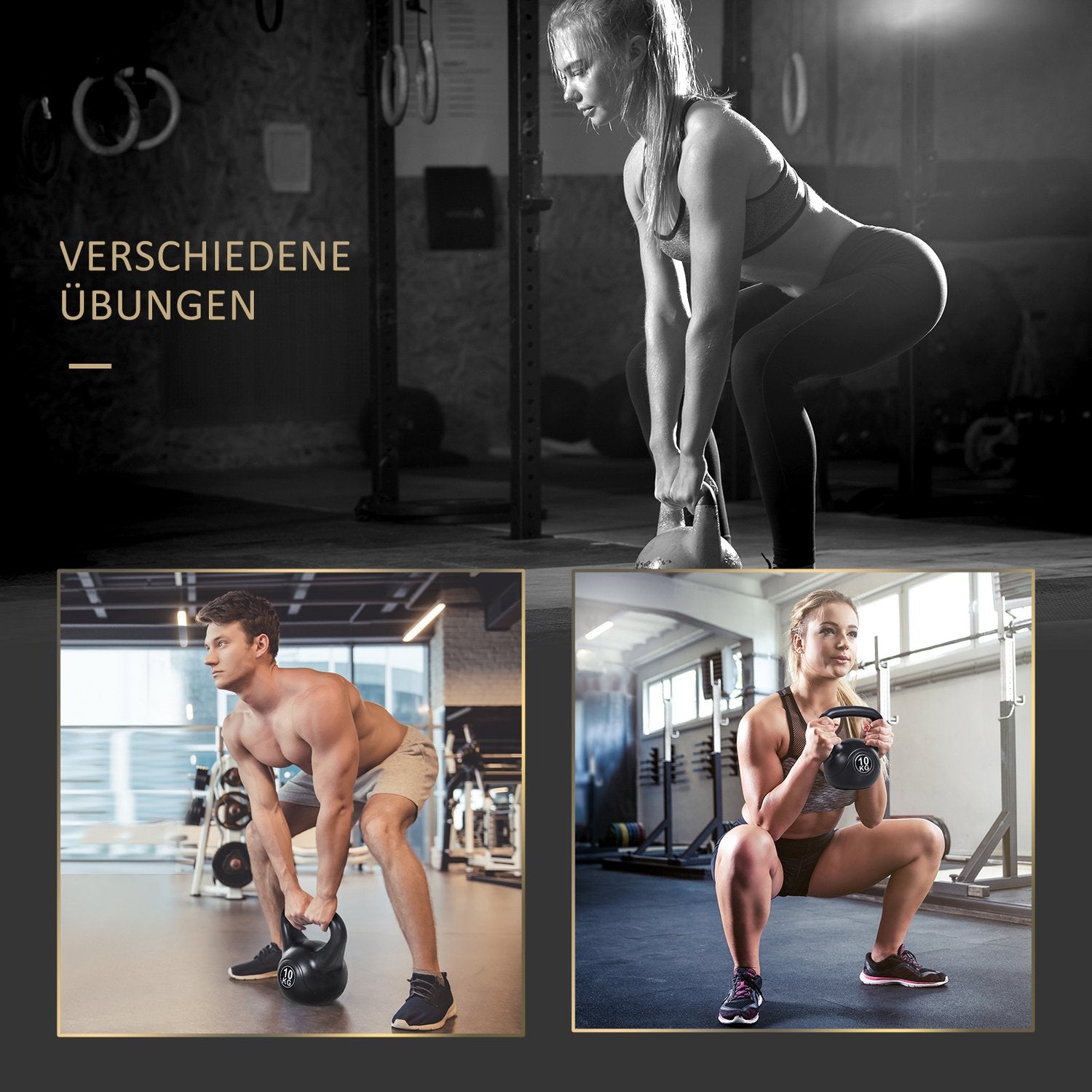 Kettlebell 10 kg, sandfylld, svart, nybörjarvänlig