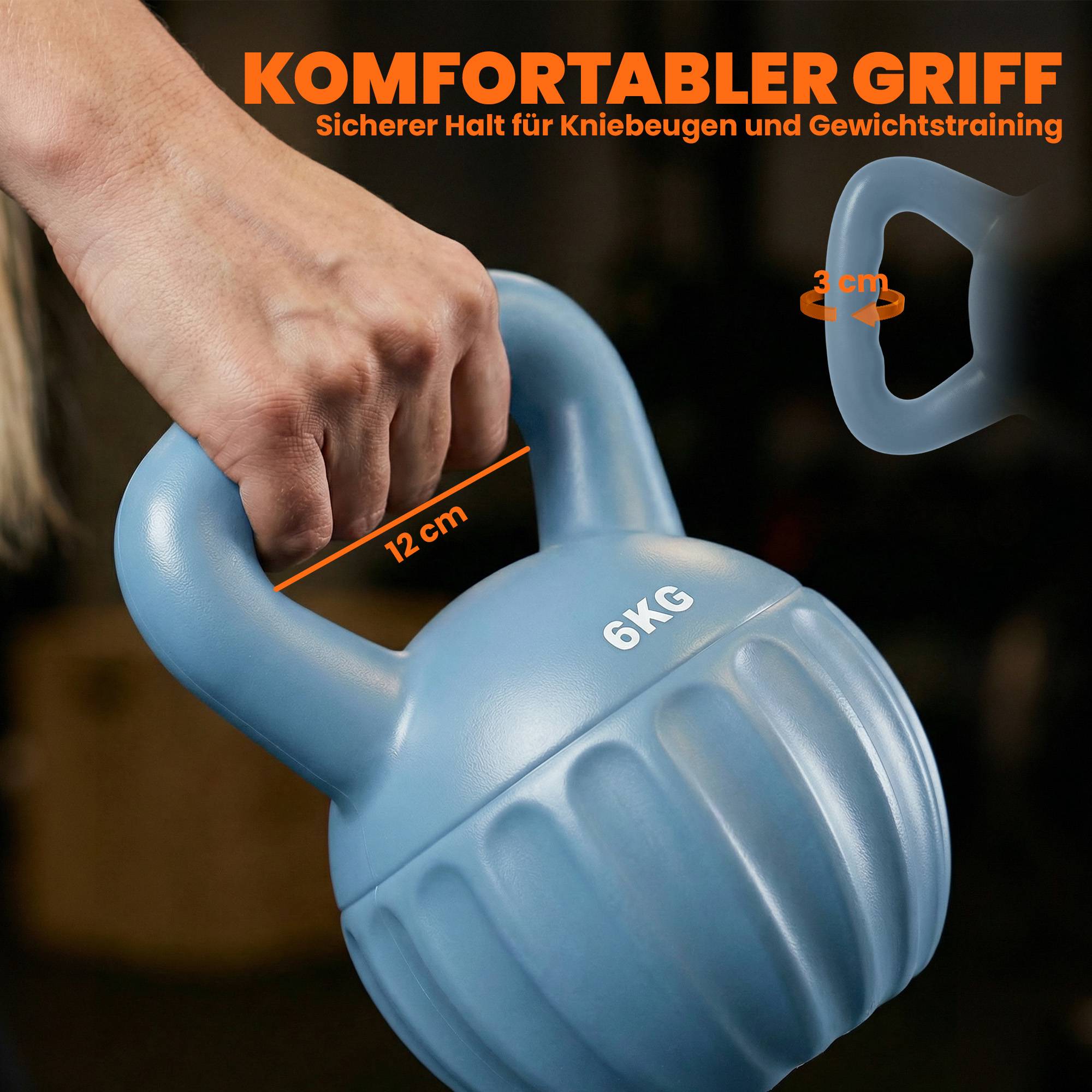 Kettlebell 6kg sandfylld, halkfritt grepp, blå