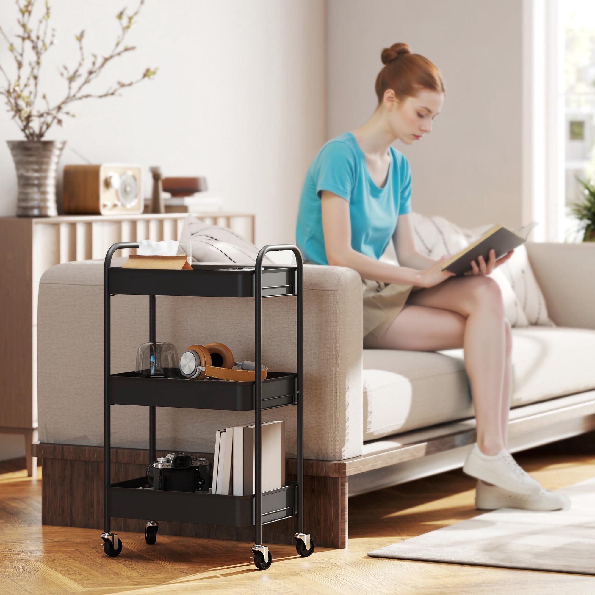 Köksvagn, 3 hyllor, 4 hjul, svart, 45x31x79 cm