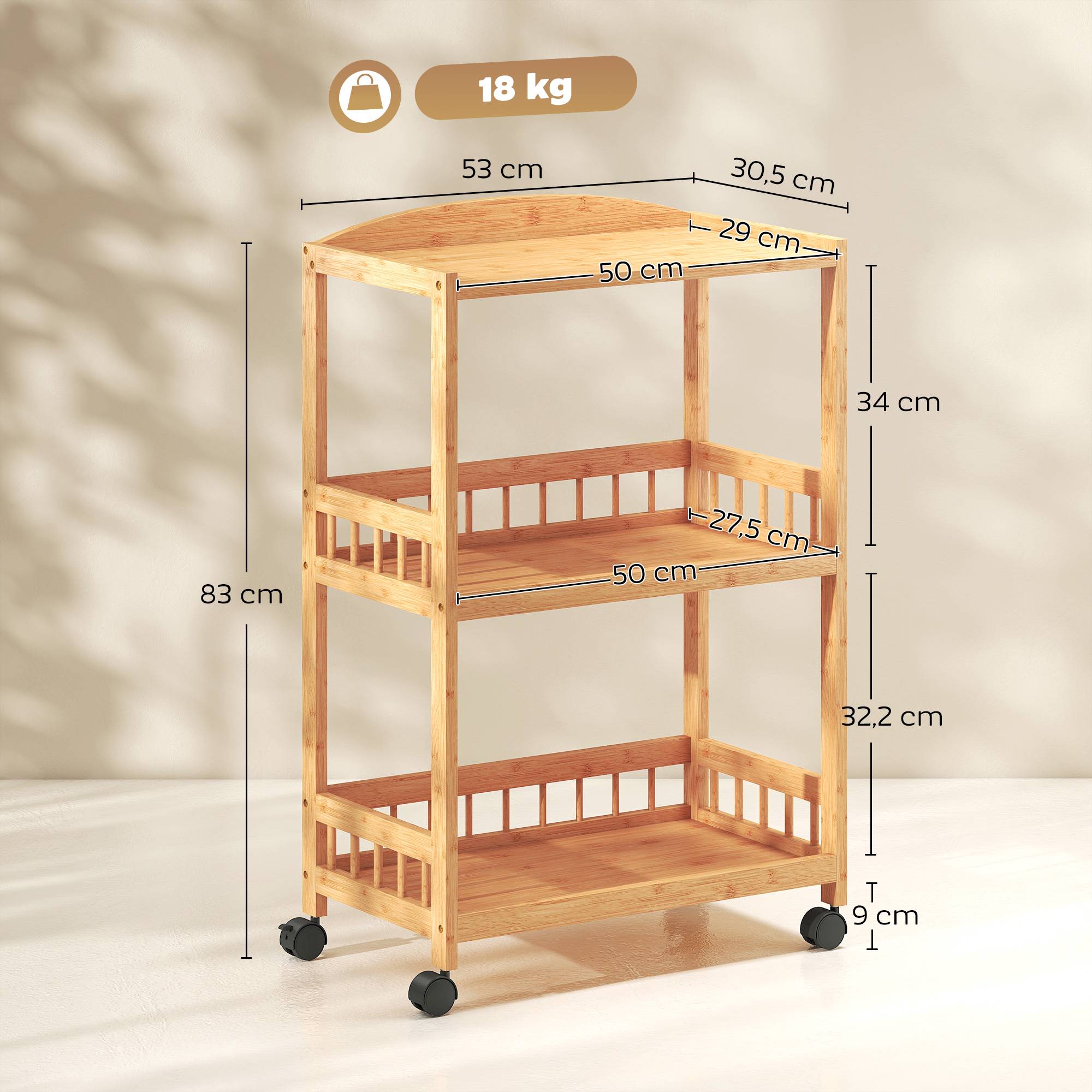 Köksvagn i bambu med hjul – 3 hyllor, naturträ