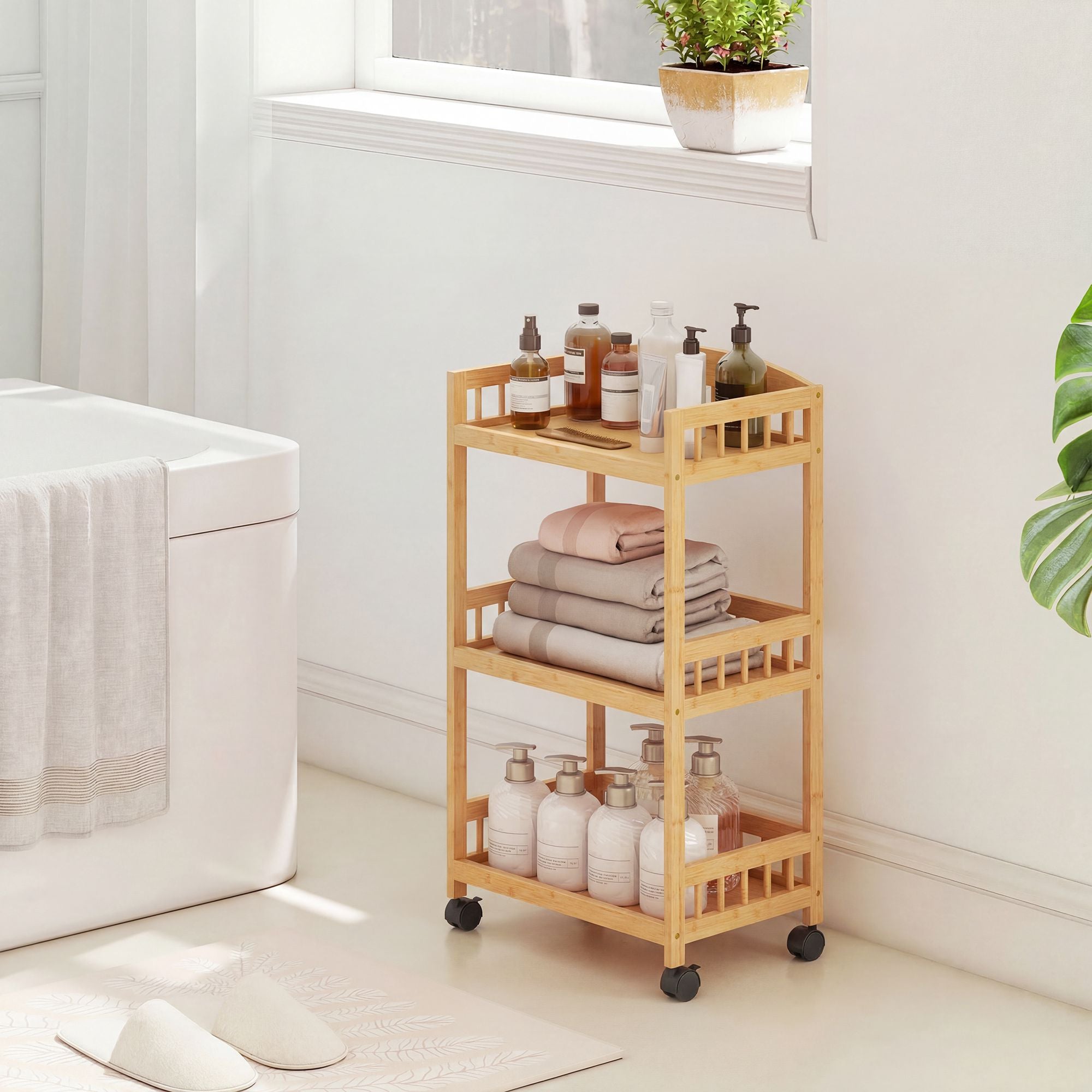 Köksvagn i bambu med hjul – 3 hyllor, naturträ