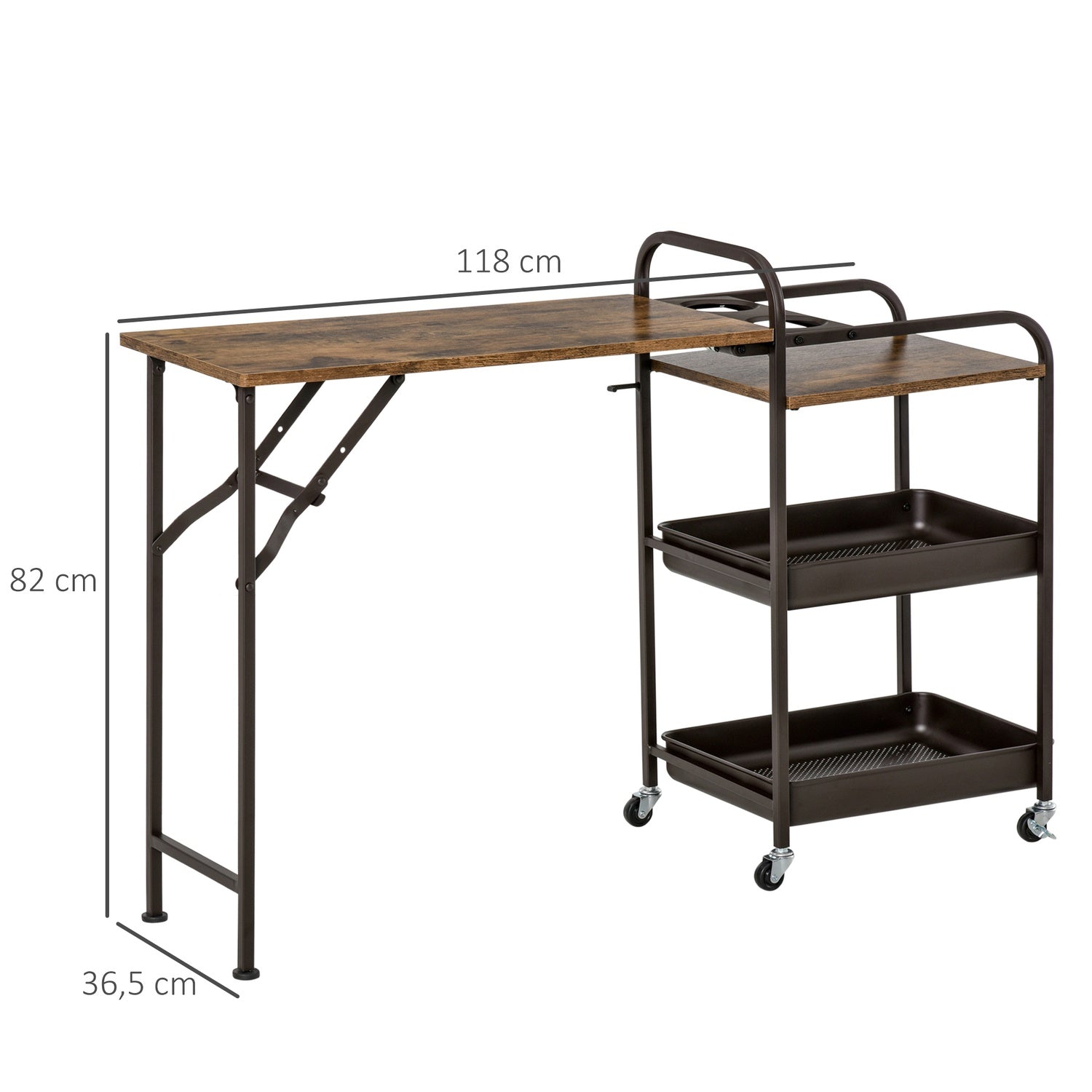 Köksvagn med hopfällbart bord, 2 brickor, hjul