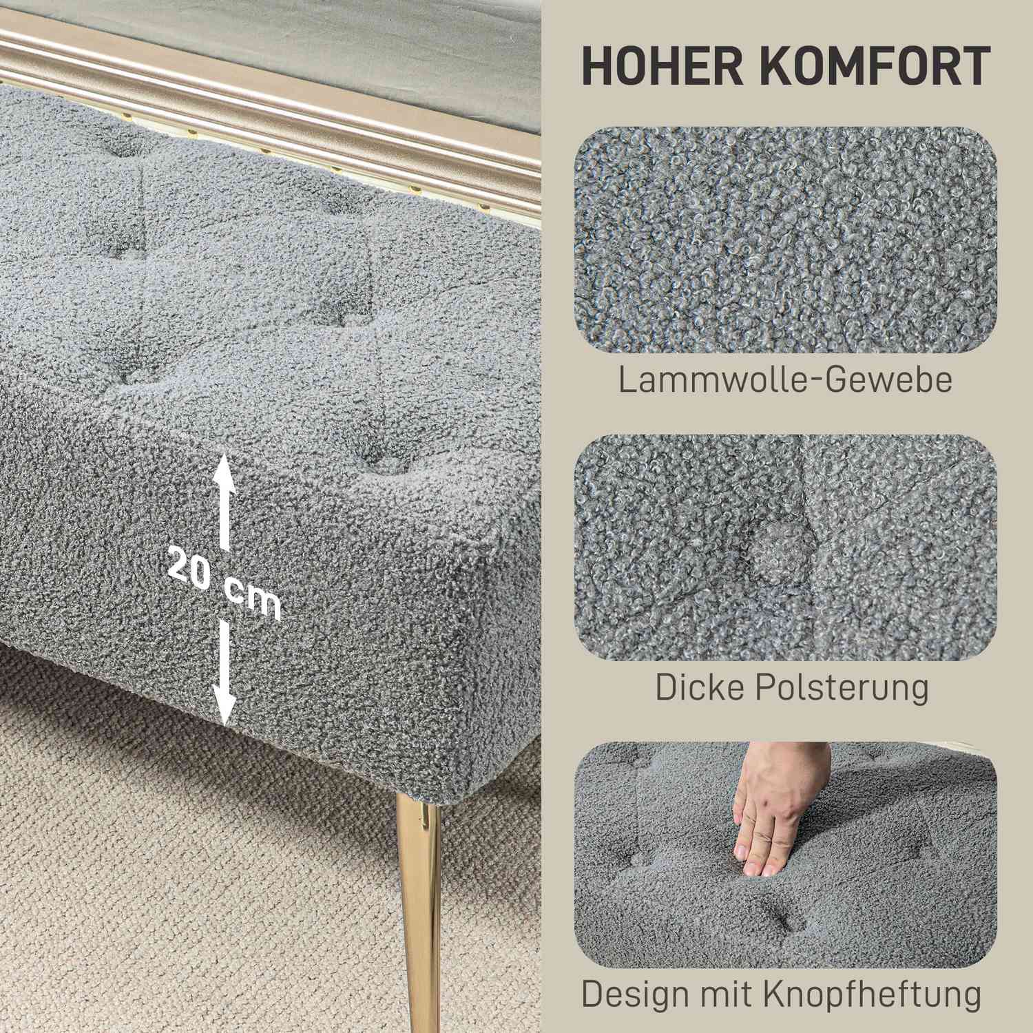 Čalouněná šedá lavice s knoflíkovým prošitím, 112x41x46 cm