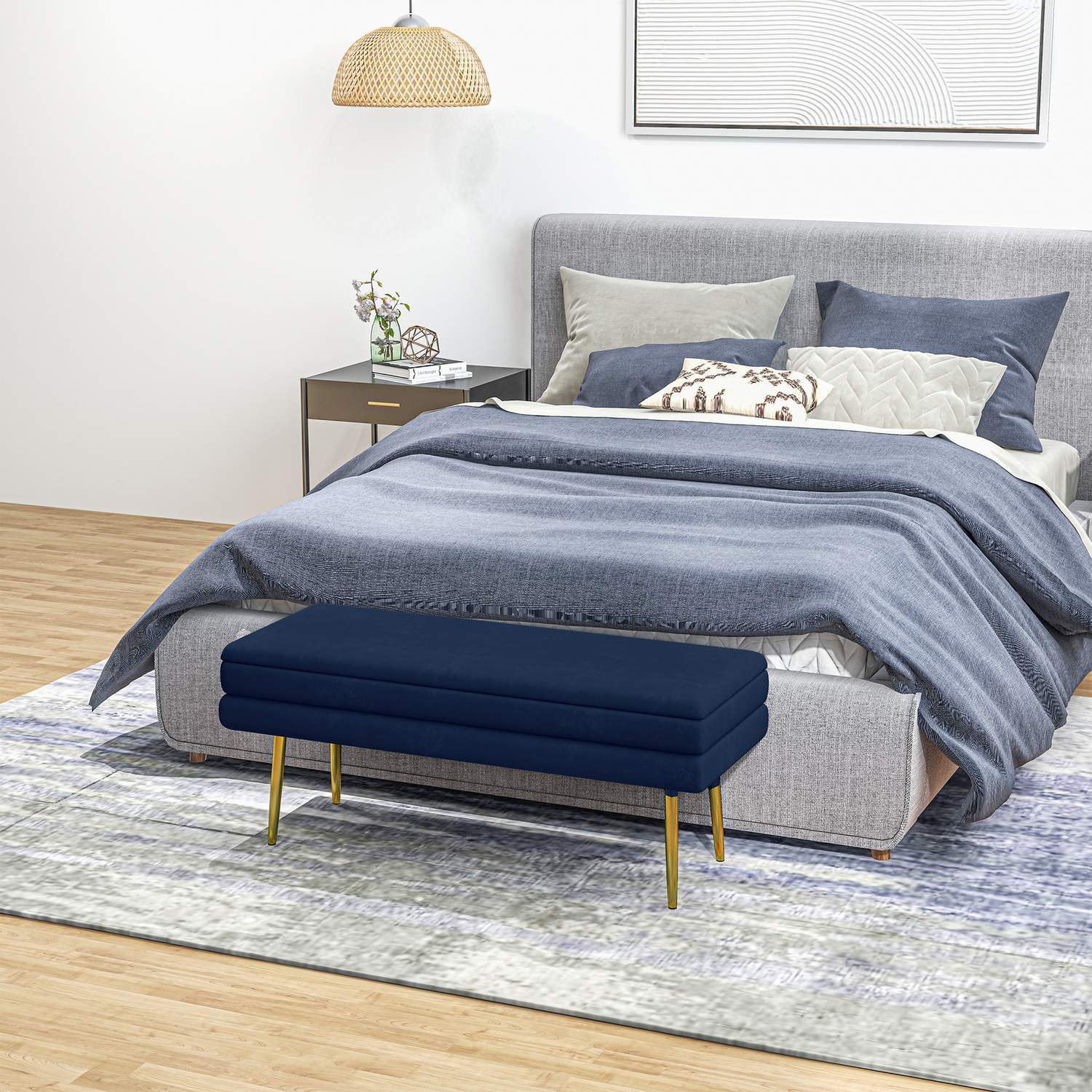 Klädd bänk med förvaringsutrymme, stål, 100 cm x 37,5 cm x 42 cm, blå