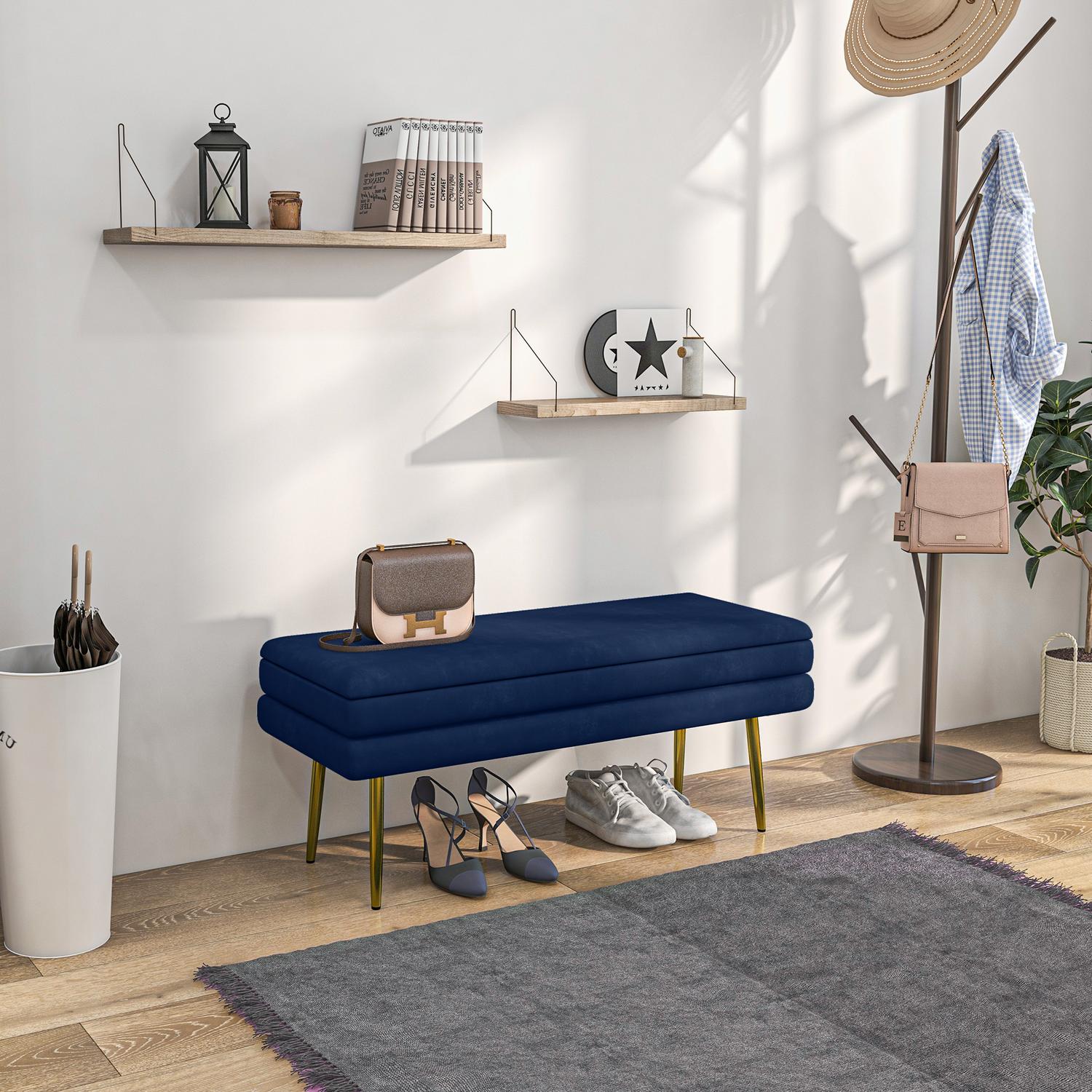 Klädd bänk med förvaringsutrymme, stål, 100 cm x 37,5 cm x 42 cm, blå