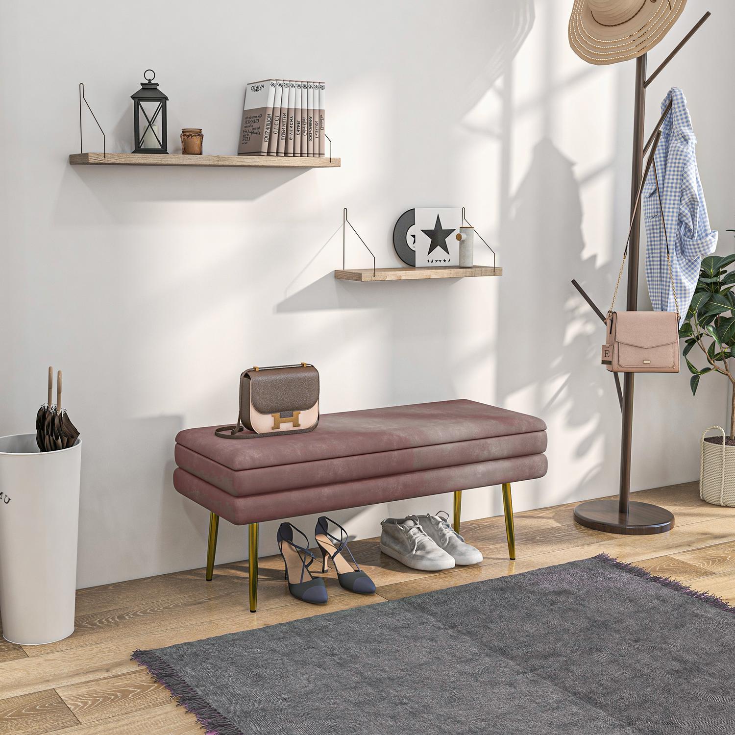 Klädd bänk med förvaringsutrymme, stål, 100 x 37,5 x 42 cm, rosa