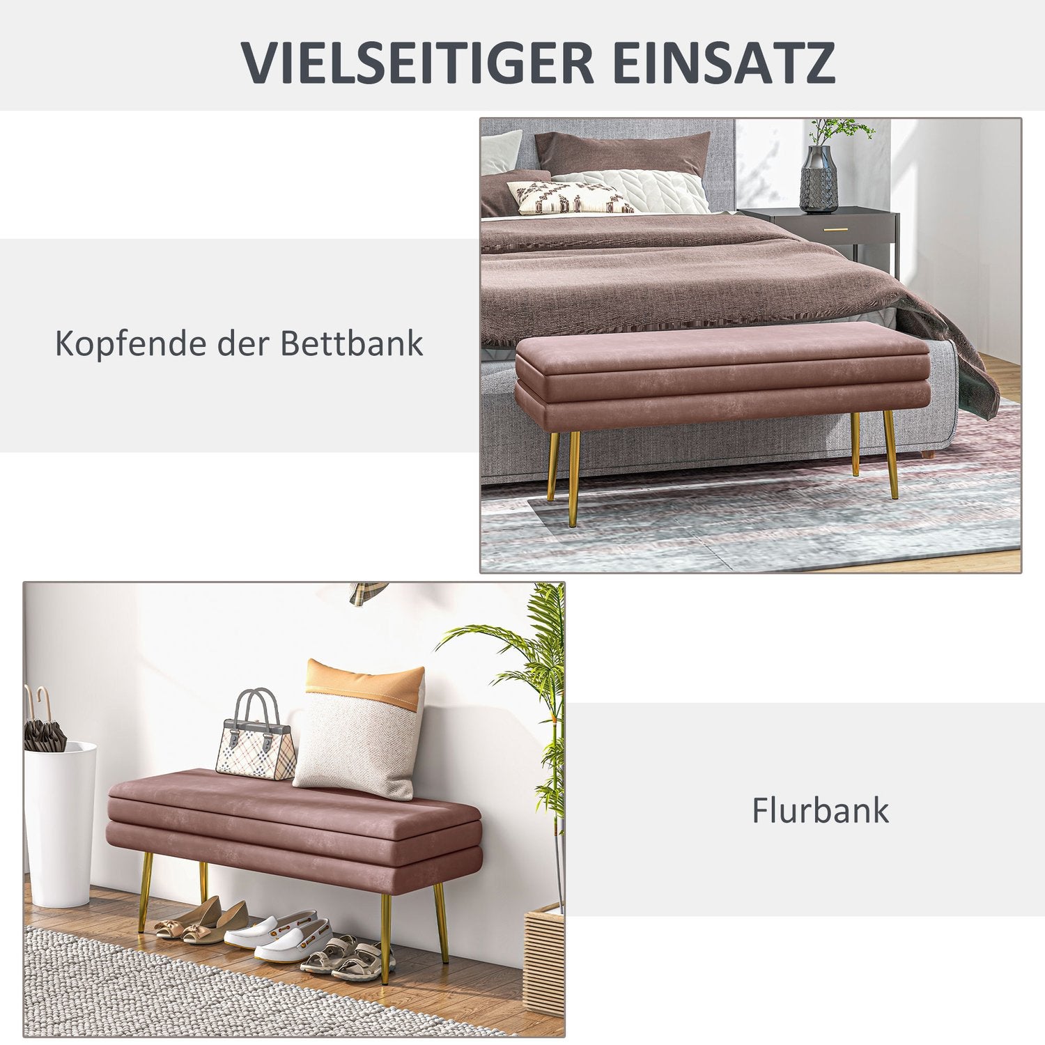 Klädd bänk med förvaringsutrymme, stål, 100 x 37,5 x 42 cm, rosa