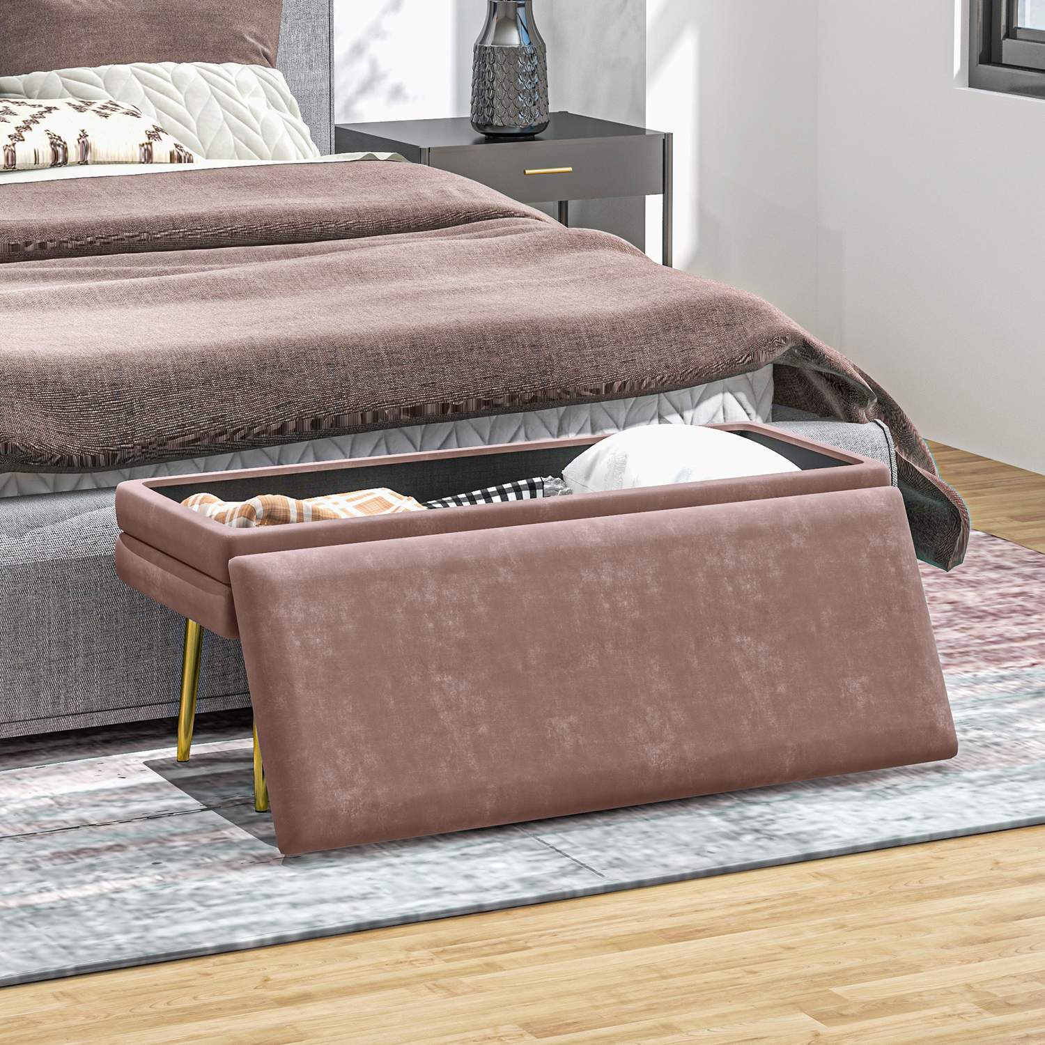 Klädd bänk med förvaringsutrymme, stål, 100 x 37,5 x 42 cm, rosa