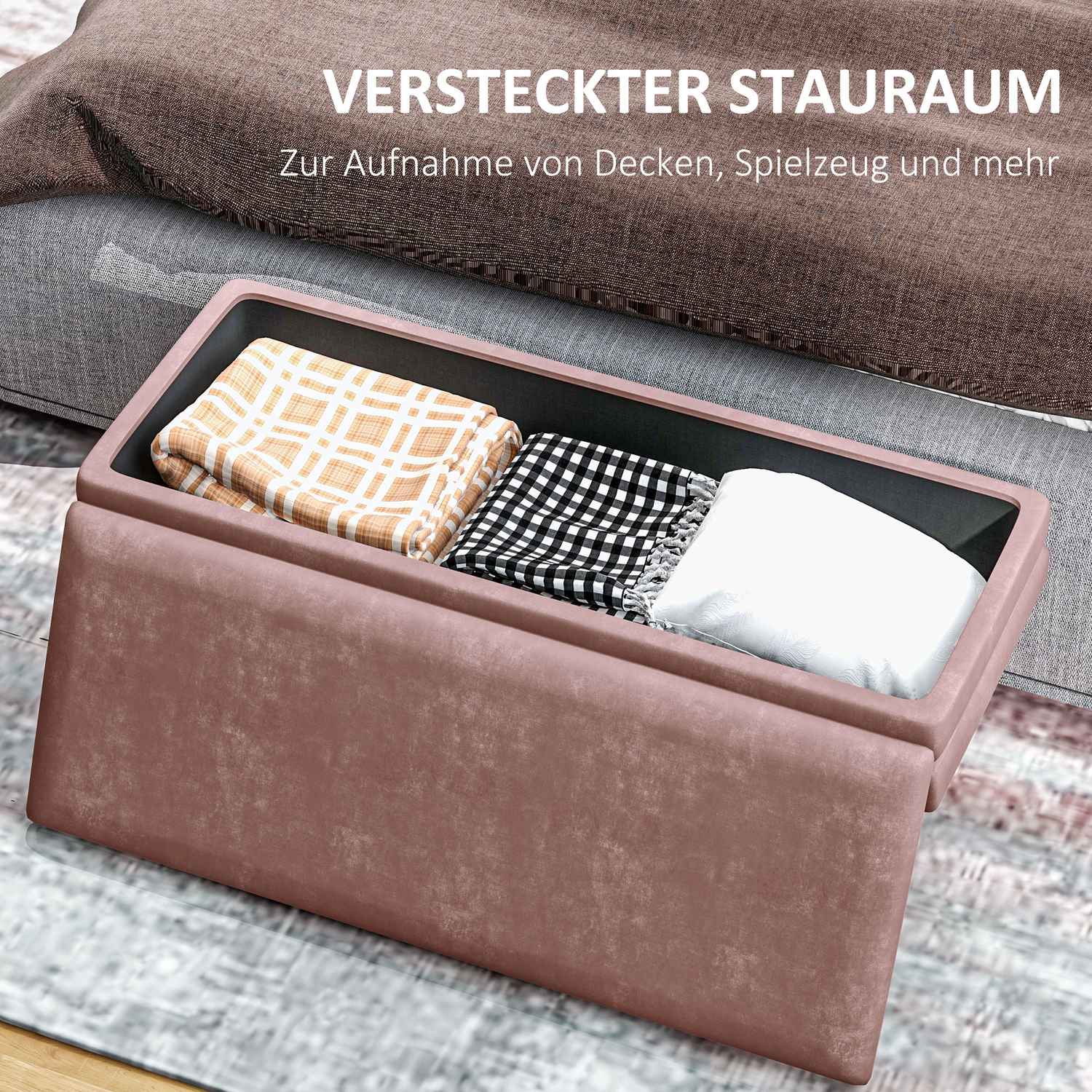 Klädd bänk med förvaringsutrymme, stål, 100 x 37,5 x 42 cm, rosa
