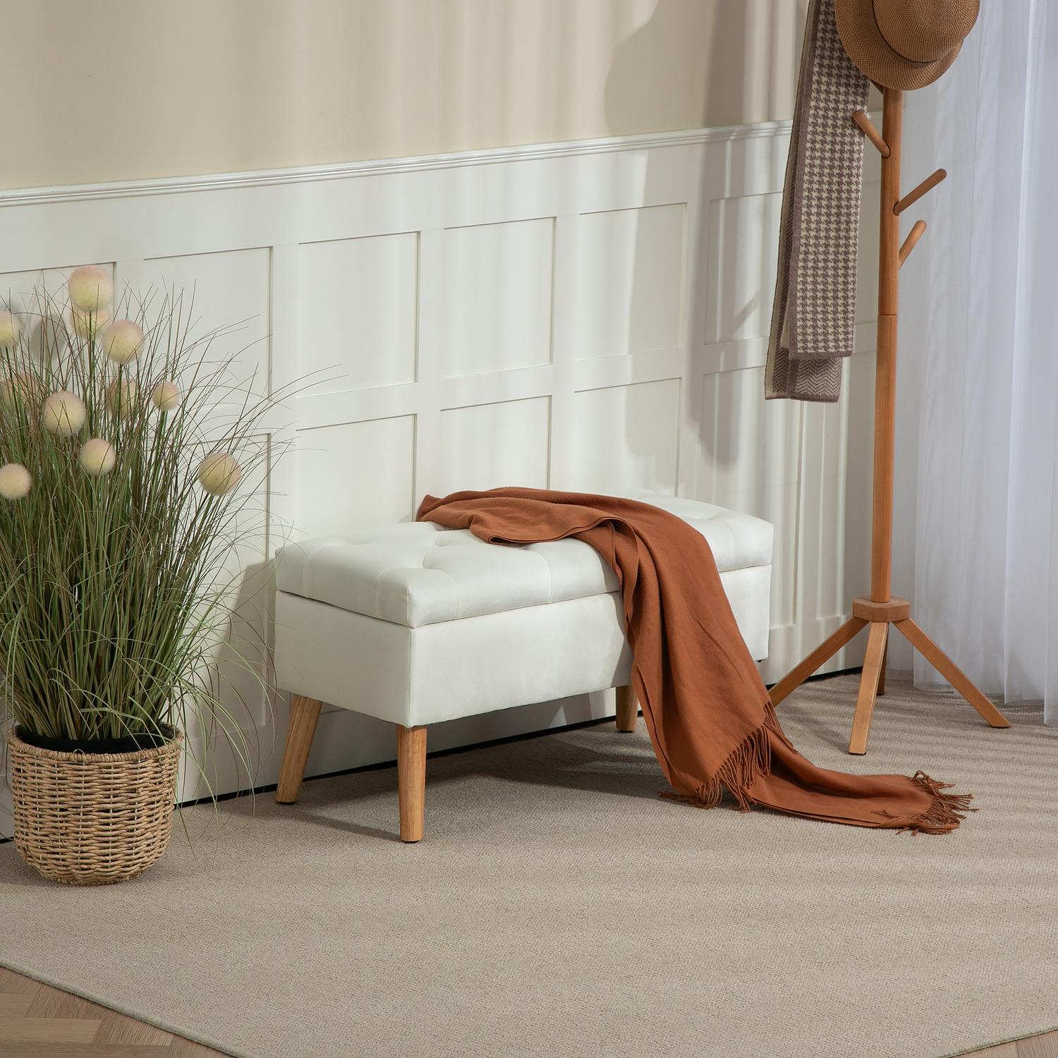 Klädd förvaringsbänk i sammetslook, 102x35x43 cm, Vit