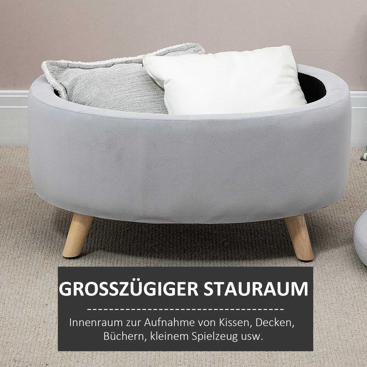 Klädd förvaringsbänk, oval form, ljusgrå
