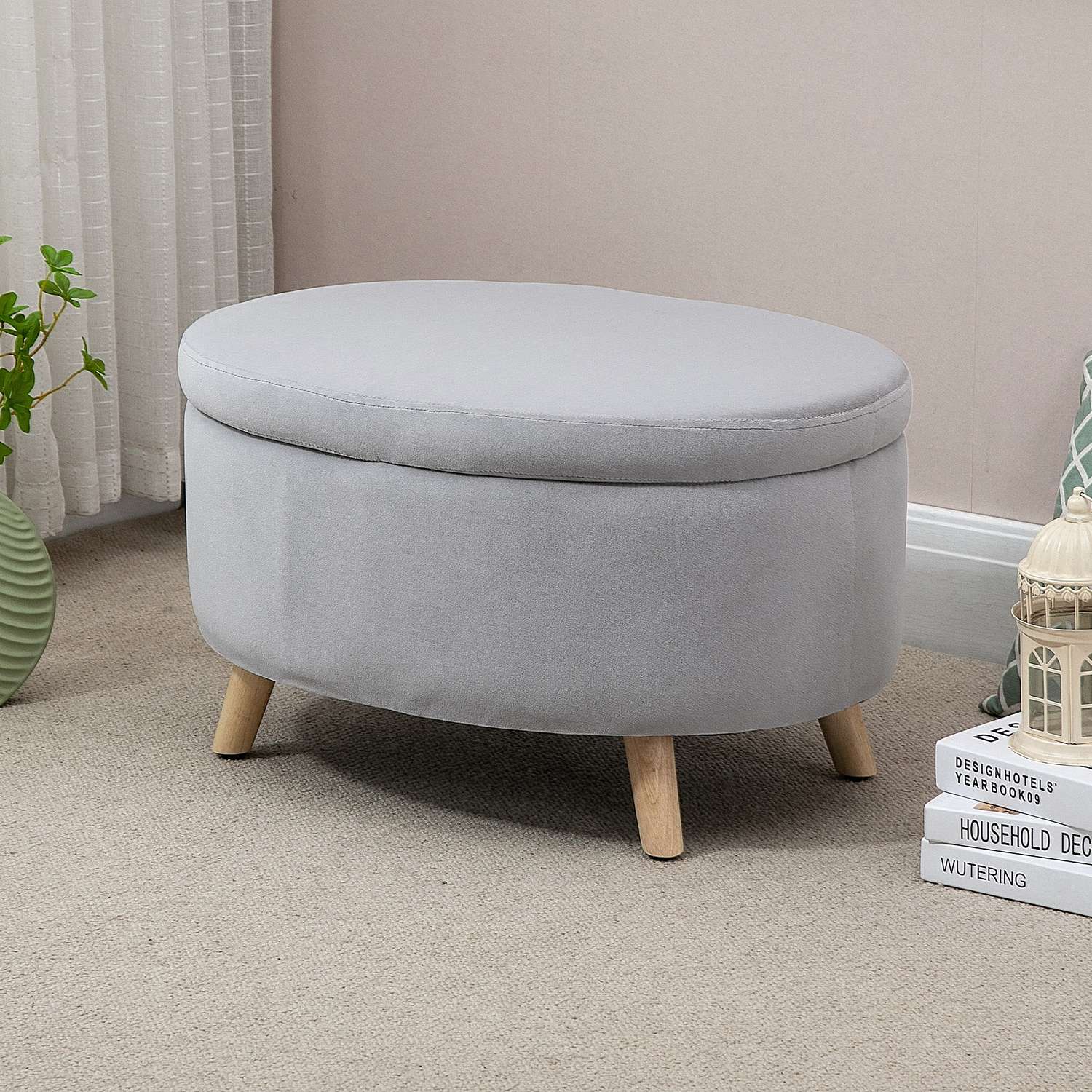 Klädd förvaringsbänk, oval form, ljusgrå