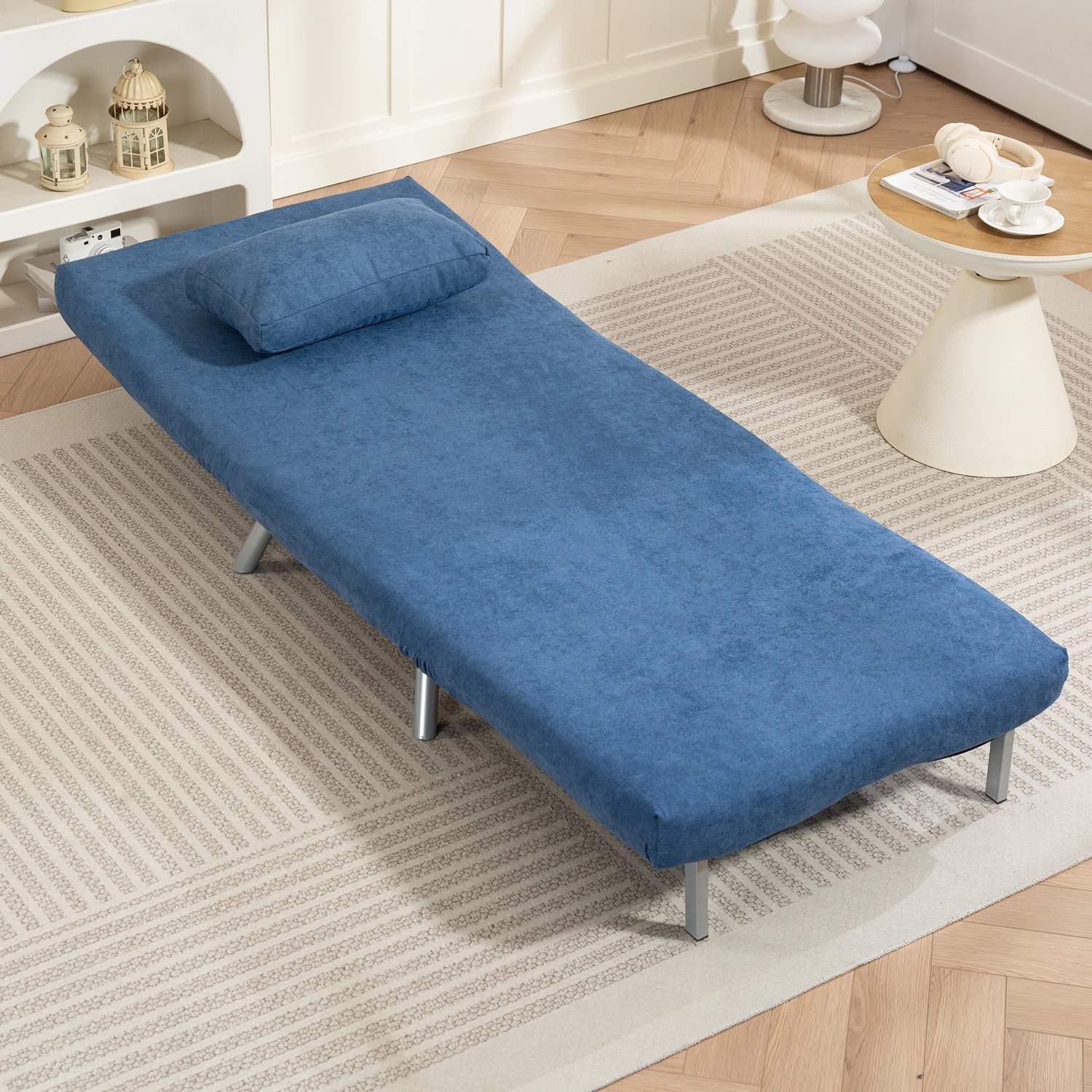 Klädd fåtölj med sängfunktion, 2-i-1 design, sovfåtölj, gästsäng, tygöverdrag, med dyna, blå