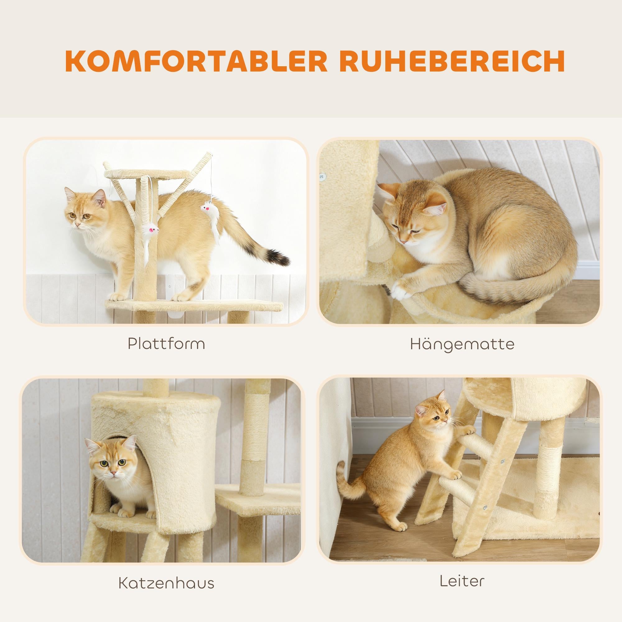 Klösträd med grotta, sisalstolpar, leksaker, beige, katter <5kg