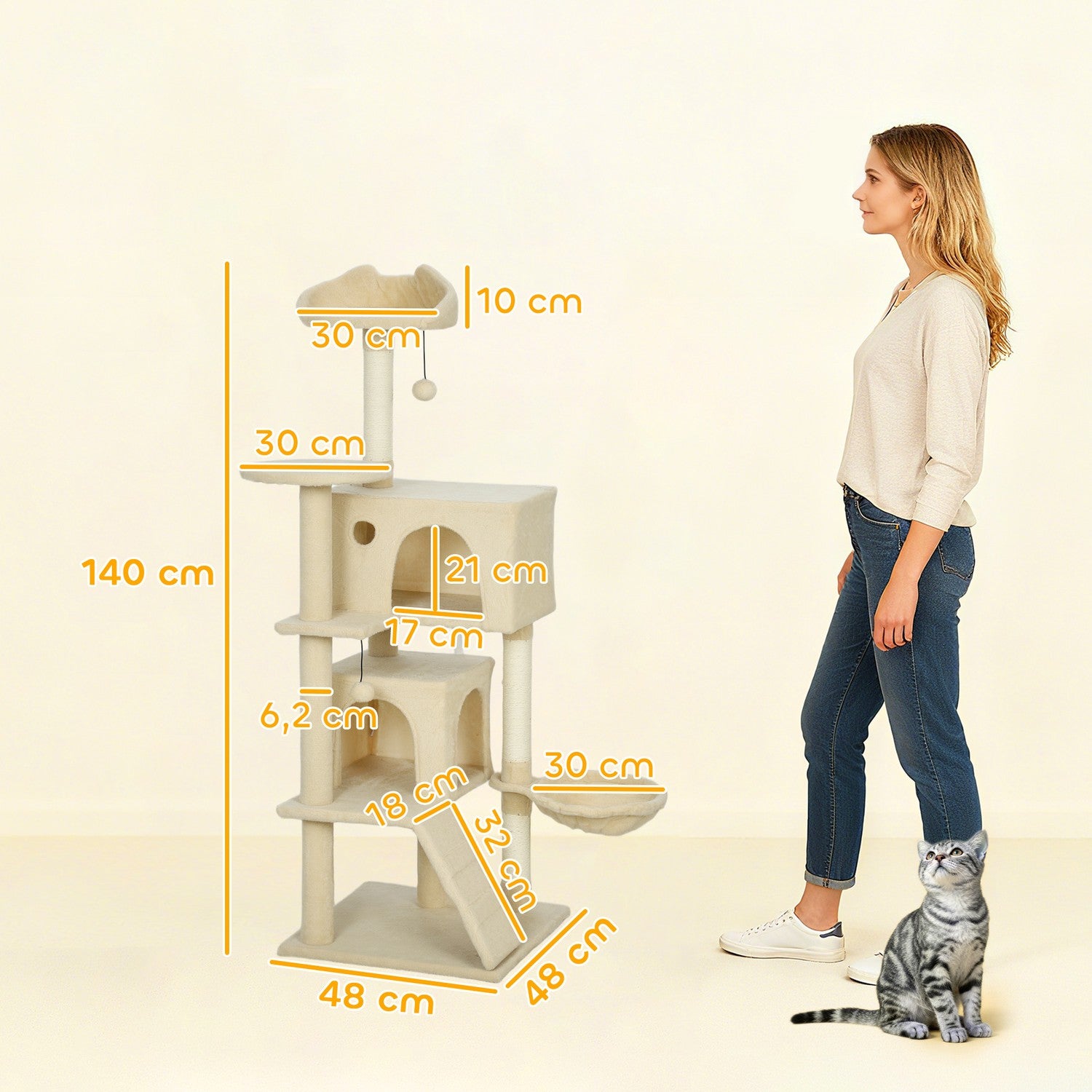 Klösträdstorn med hängmatta, stege, grotta, 140 cm, beige
