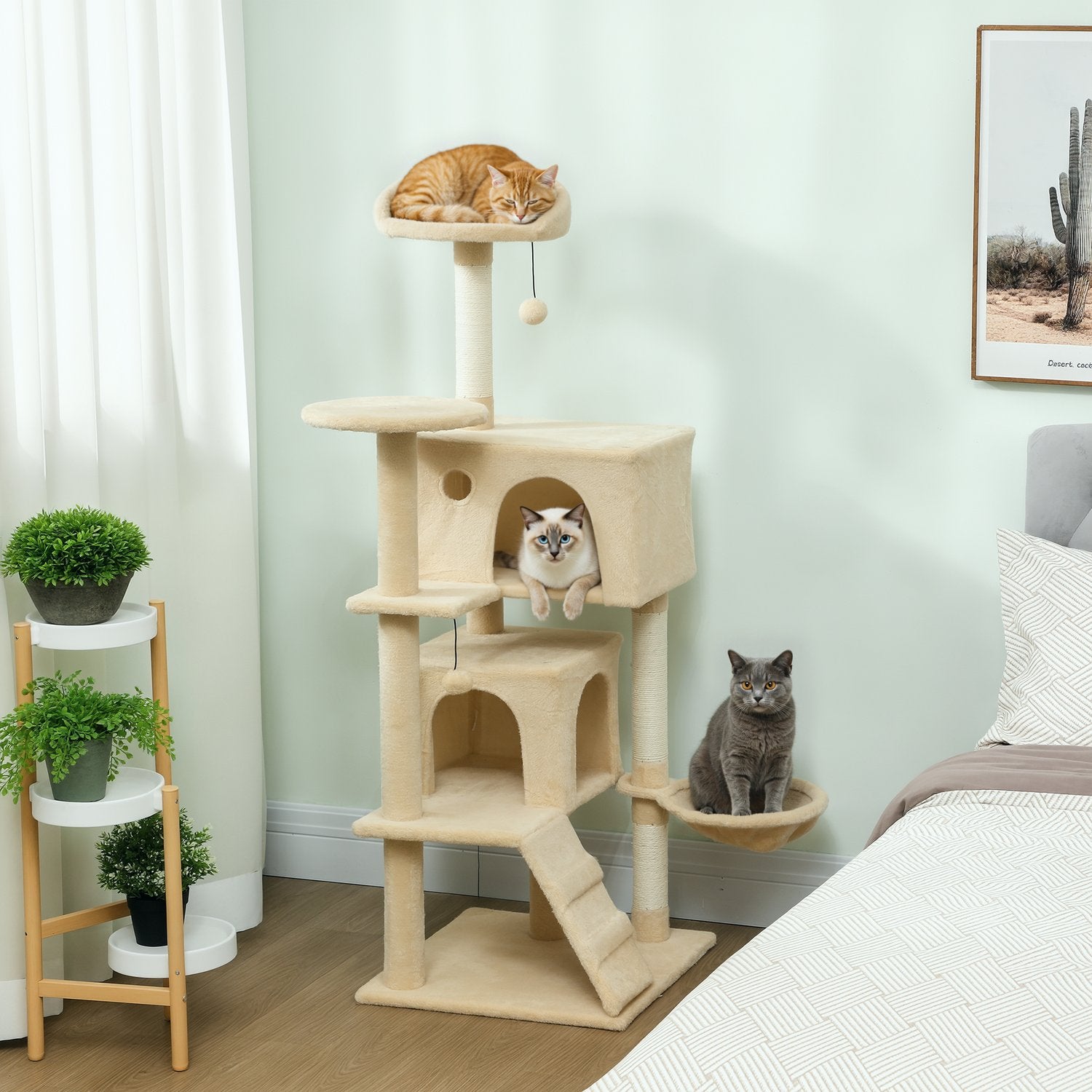 Klösträdstorn med hängmatta, stege, grotta, 140 cm, beige