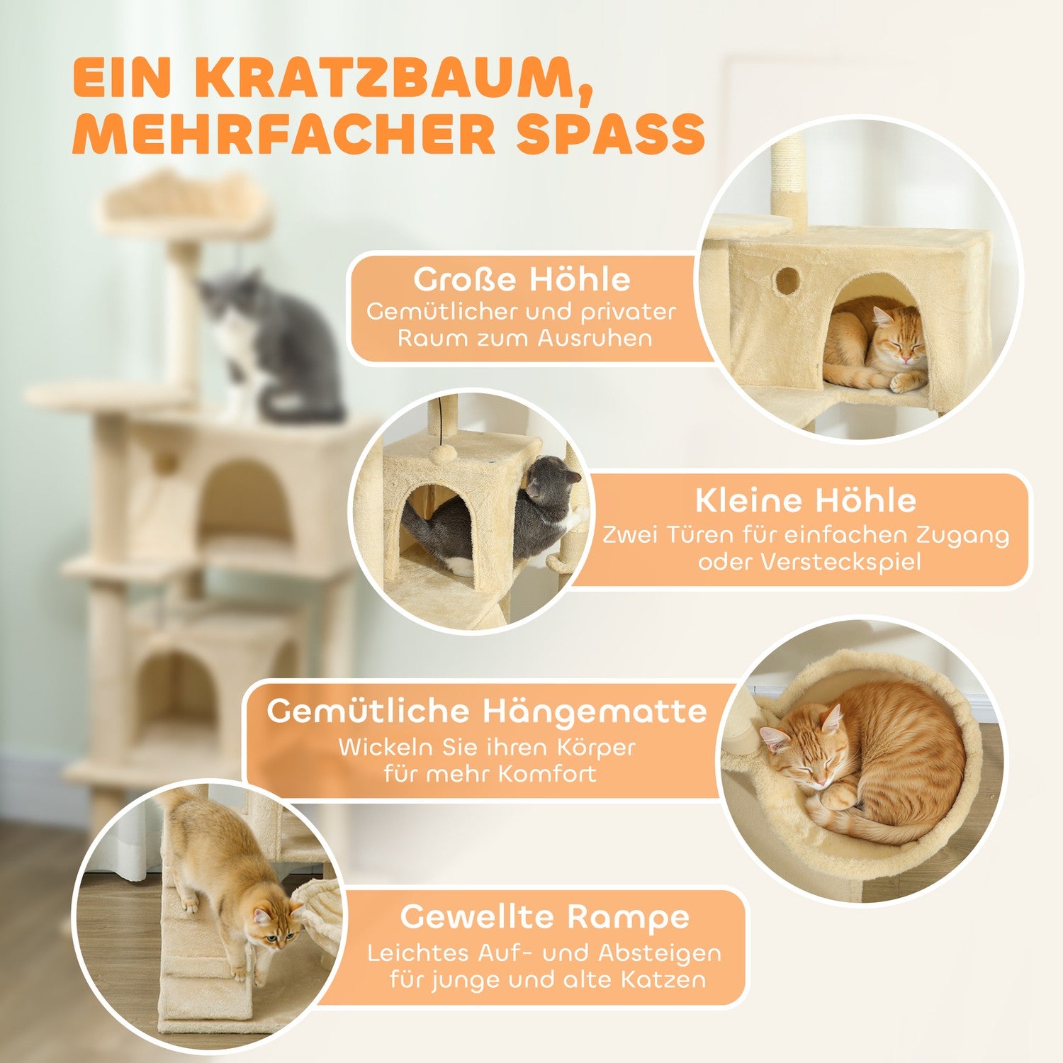 Klösträdstorn med hängmatta, stege, grotta, 140 cm, beige