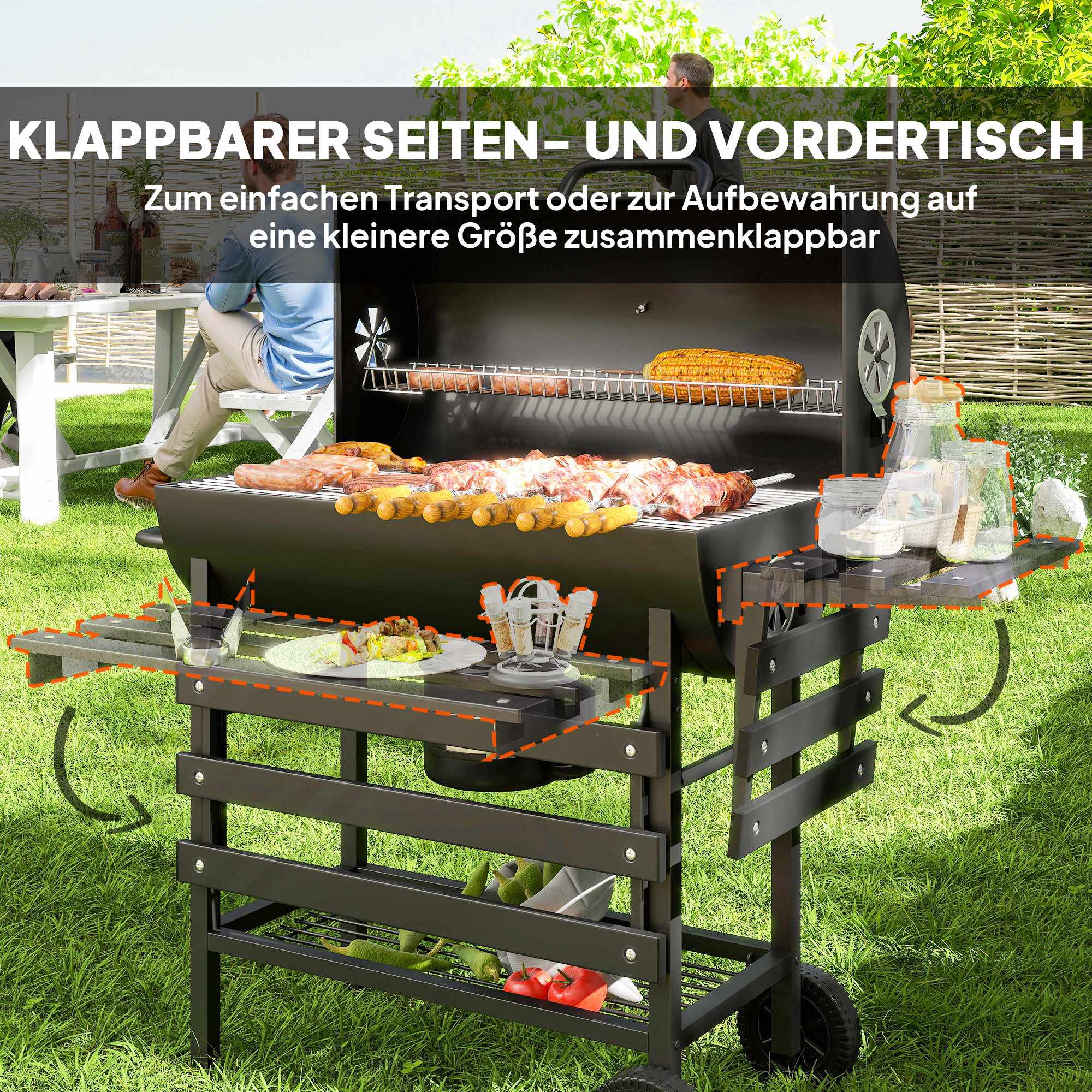Kolgrill med termometer, justerbara ventiler, stål, svart