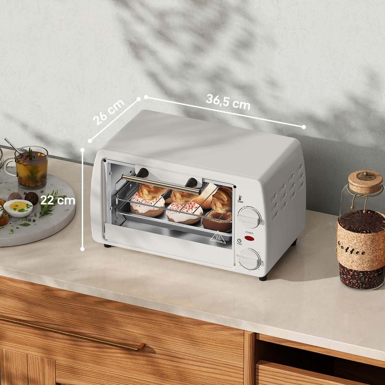 Kompakt 10L elektrisk ugn, 750W, 230°C, timer, grädde