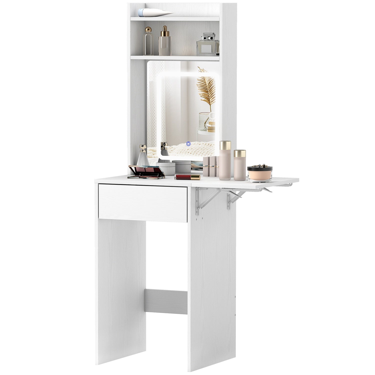 Kompakt sminkbord med spegel och LED-belysning, vikbar bordsskiva, öppna hyllor, låda, MDF, vit